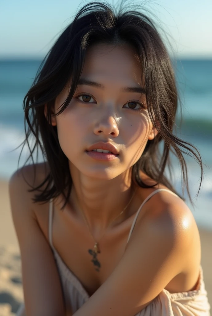photo of a 28 years old, (chinese girl), (((european girl))), RAW, beautiful woman,((((high prominent cheekbones)))), (((thin pointy nose))), ((thin eyebrows)), ((((short straight black hair)))), (((supermodel face))), (dark brown eyes), (( perfect anatomy)), (((busty))), ((detailed face:1.2)), ((detailed facial features)), (finely detailed skin), (((naked))), . (vivid colors), damp, moist, reflections, (masterpiece) (perfect proportion)(realistic photo)(best quality) (detailed) photographed on a Canon EOS R5, 50mm lens, F/2.8, HDR, (8k) (wallpaper) (cinematic lighting) (dramatic lighting) (sharp focus) (intricate) fashion, realistic skin texture, POV, Nikon d850, film stock photograph,4 Kodak Portra 400, camera f1.6 lens, rich colors, ultra-realistic, hyper-realistic, ultra-detailed, hyper-detailed, ((perfect face, perfect body), RAW photography, realistic skin texture, beach, (((lying face up on shoreline))) ,((matte skin))
