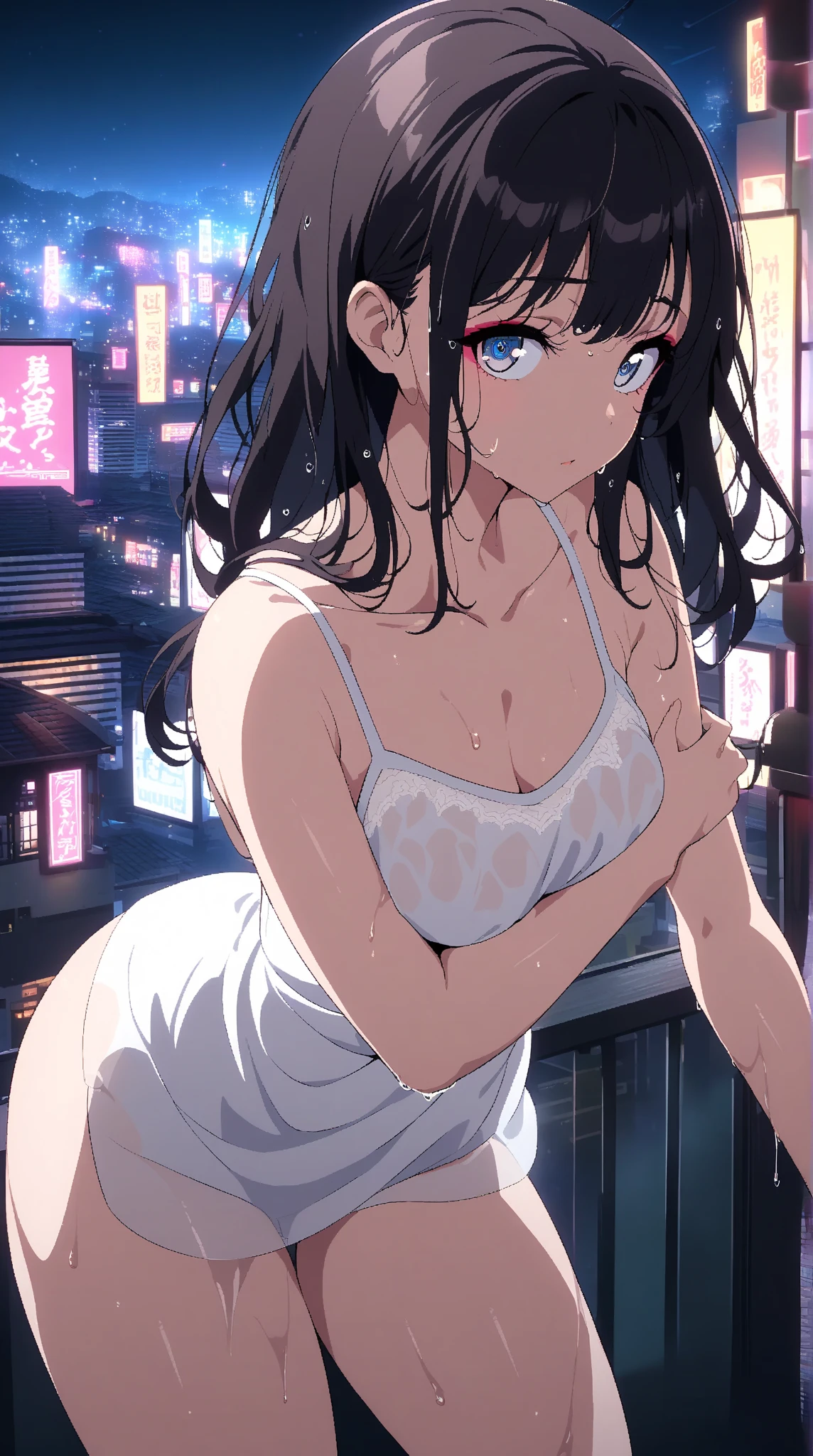 ((midynight, Need, 8k, tmasterpiece:1.3)), full bodyesbian, Long legs, Focalors:1.2, perfect figure beautiful woman:1.4, Slim abs:1.1, ((Dark brown hair, huge tit:1.2 )), (White tight sex erotic underwear, Erotic panties, standing on your feet:1.2), ((city night scene, the roof:1.3)), Highly detailed facial and skin texture, 詳細な目, 二重まぶた