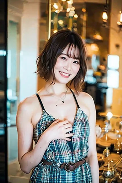 Brown Hair、short hair、With bangs、Smiling、The body is slim、Leopard print micro bikini、Kneeling、In front of a white background