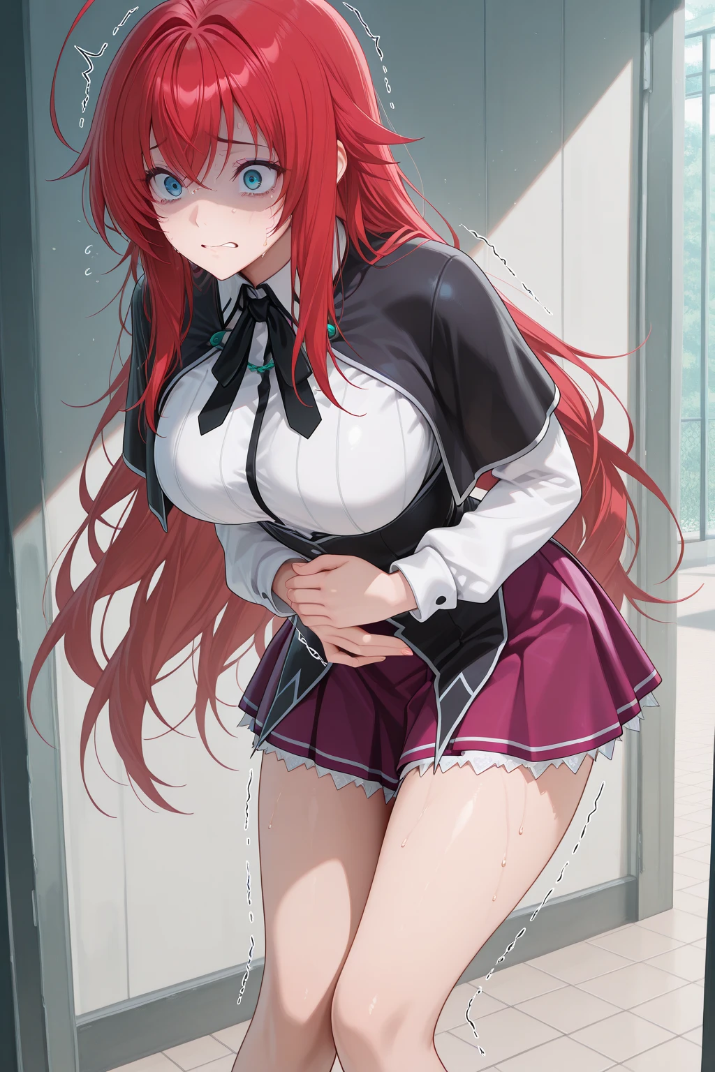 Riruka, (From below), Stockings, Black skirt, school hallway, Medium breasts, Blush
