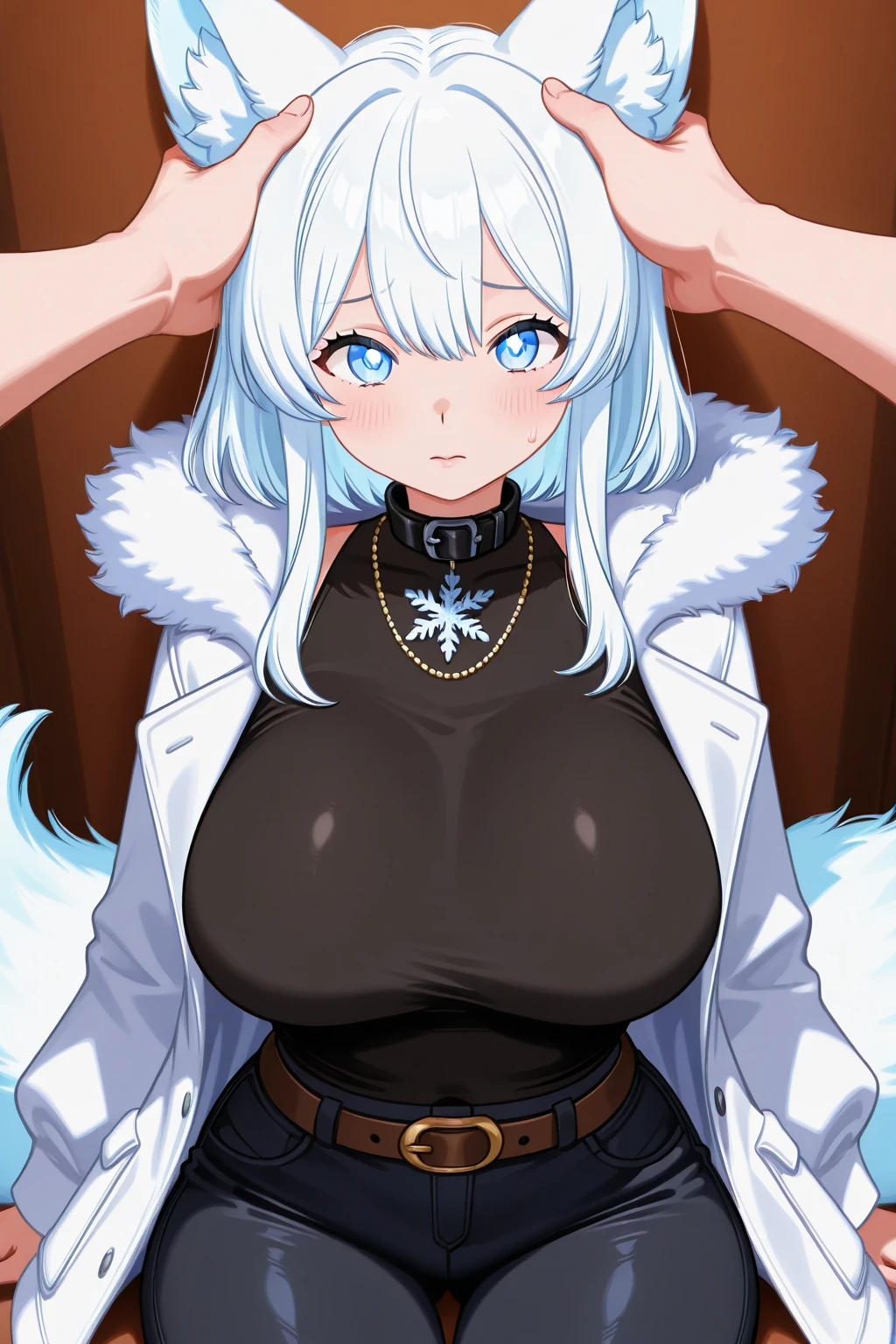 Masterpiece, High quality, High quality of art, anime lineart, 1girl,white hair, black eyes, white eyebrow, red eyeshadow, Tall, big hips, big chest, very blush, white hearts in eyes, in future base, looking at viewer, smile, white skin, naked, fluffy white pussy, big nipples, hairy pussy, In the database of the future somewhere in Antarctica,