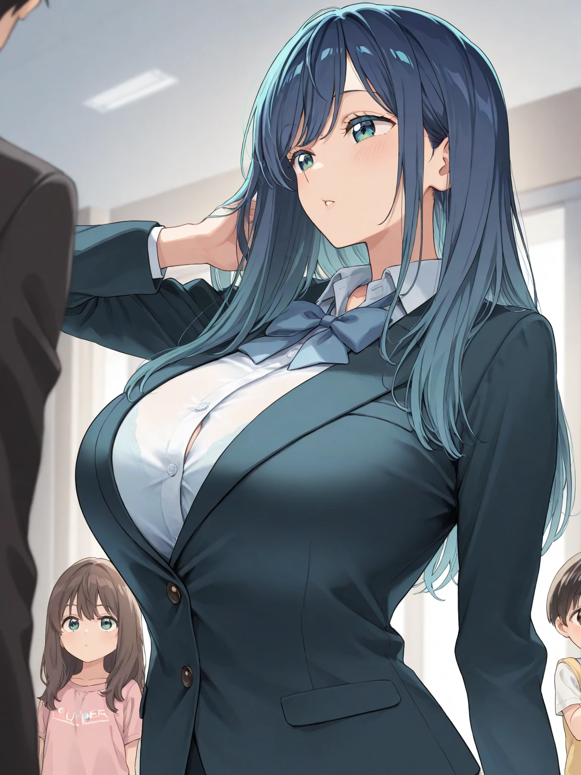 A woman wearing a dark blue cabin attendant&#39;s uniform is having her breasts massaged over her bra by a young man in a suit while standing., (povbreastgrab,pov hands,breast grab:1.3)、show off bra, skirt, panties, bra, underwear, (shiny light blue satin レースpanties:1.3), , (shiny light blue satin lacy bra:1.3), embarrassed expression, Thighhighs,garter belt, skirt lift , realistic
