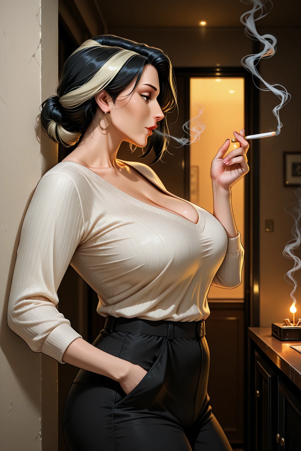 white silk shirt, deep v neck, gorgeous woman, next to a fire