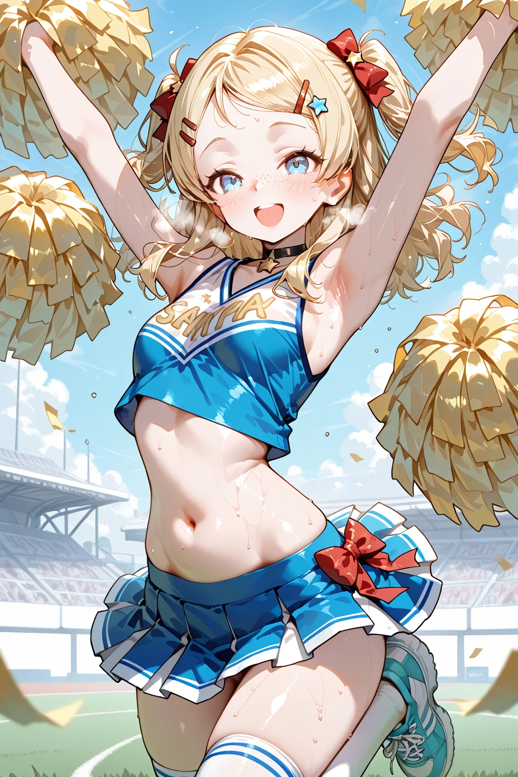 Highest quality、High resolution、Detailed Background、Beautiful face in every detail、Teenage beauty、Light color hair、Braided bob cut、ponytail、Perfect body line、Big Ass、fly in the sky、Cheerleader、I support you、(Pom-pom:1.2)、

(笑顔で大空にジャンプしているCheerleaderの少女:1.5)、

I support you、Sexy Costumes、Sexy Cheerleading Costumeini skirt、Emphasize underboob、Angle from below、Healthy thighs、Healthy Beauty、With legs apart、cute