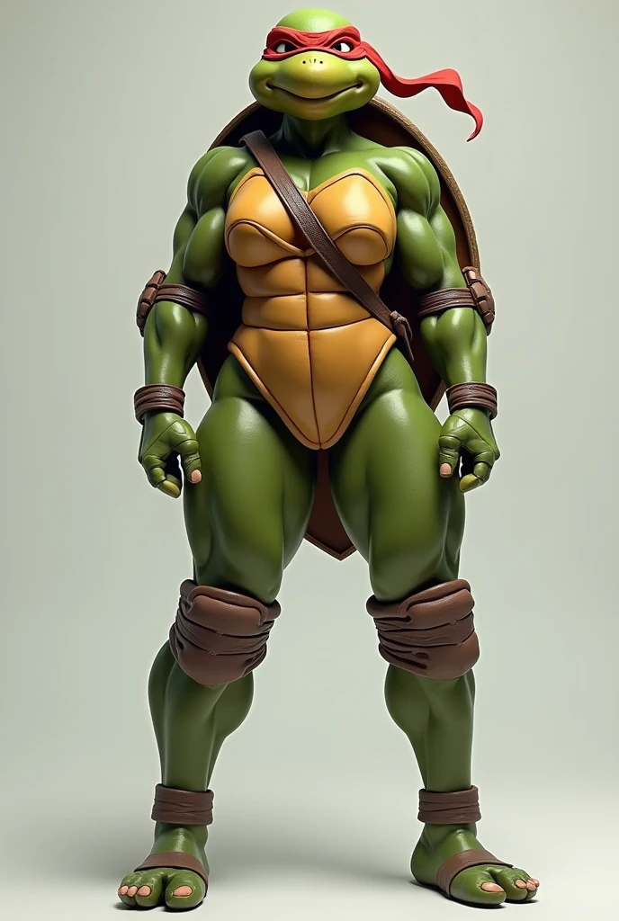 Jennika,a female teenage mutant ninja turtles,buff,muscular,big neck,green darker skin,yellow bandanna,mutant,bald,knifes,ninja outfit,full body,a powerful physique, inspired by the style of Bill Sienkiewicz, 80’s comics, masterfully rendered with exceptional detail and realism, vivid colors, and dramatic lighting.