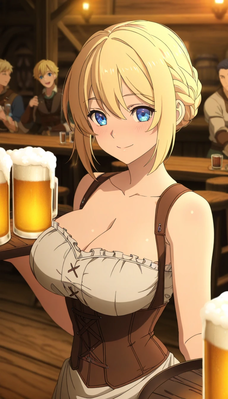 flat chests, nsfw, masterpiece, 1 girl, erect nipples, intricately detailed, topless, pubs, table, crowd, navel, bare shoulders, necklace, beer, tavern, inn, pub, crowd, maid skirt, waist apron, blonde hair, embarassed, smiling, extremely detailed, photorealistic, octane render, 8 k, unreal engine, bare breasts, nipples, aqua eyes, carrying beer tray, bare stomach, sweaty, people on background, oktoberfest, smiling, open mouth, moist breath, child, drindl
