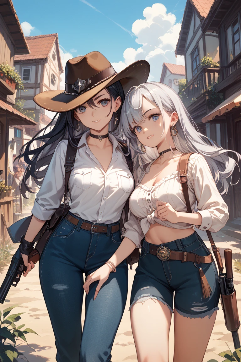 Perfect face, perfect hands. A young silver haired female cowboy with green eyes and an hourglass figure in a conservative and Gothic cowgirl outfit is watching the stars at night on the roof of a wild west home