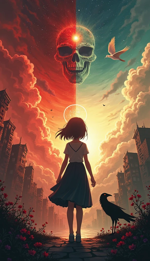drawix4 cyborg girl, hell, destroyed buildings and a group of people in the background, a dark and mysterious world unfolds, enigmatic dreamscape surrealistic <lora:drawix4:1>