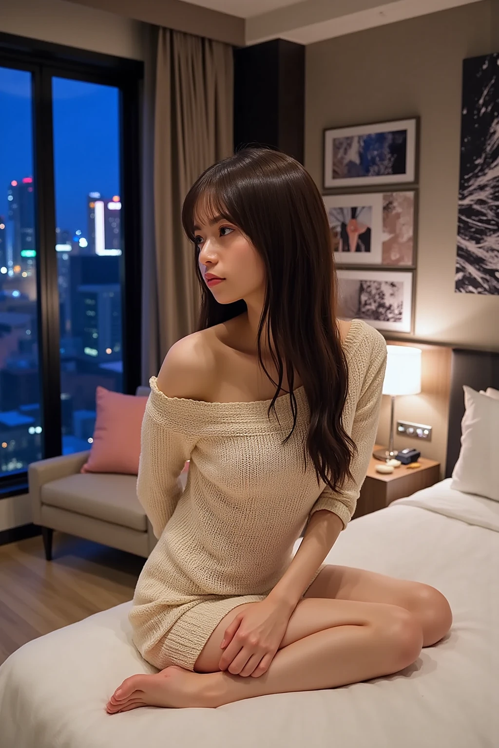 Close-up, Cute hourglass body (20 year old beautiful asian woman)She has long, straight light brown hair.), Exudes sensuality and confidence. She strikes a pose, like々Exudes a new sensuality, First Person View, throw, Bokeh, Nikon, UHigh resolution, retina, masterpiece, Accurate, Anatomically correct, Textured skin, Super detailed, Attention to detail, high quality, Awards, 最high quality, High resolution, High resolution, Focus Only, Large Breasts,Enjoying the time, Wearing a cute grey top,Long pajama pants, Stand Booty Angle, At her bedroom window, Night view, at night