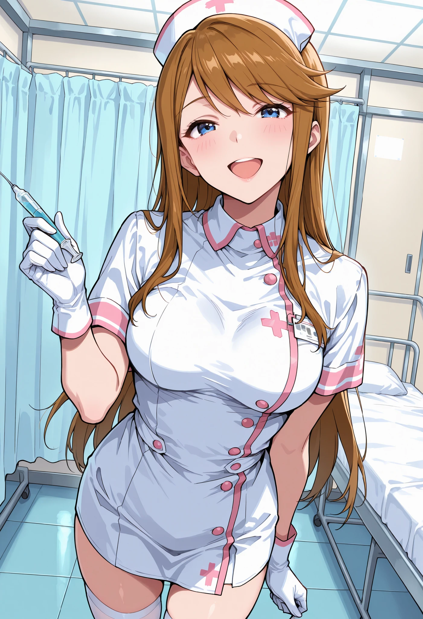 Score_9, score_8_up, score_7_up, source_anime, t0kor0, solo, medium breasts, blue eyes, brown hair, swept bangs, sidelocks, long hair, (best quality), (high quality), {masterpiece}, extremely delicate and beautiful, ultra-detailed, beautiful detailed eyes, nurse, nurse hat, ((white nurse's outfit)), white gloves, white thighhighs, hospital room, smile, open mouth, standing