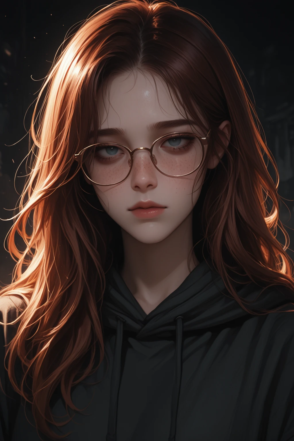 (high quality, ArtStation, Relax Art, fantasy style:1.2), (A beautiful girl, from side), (long messy ginger hair), (black shirt, glasses)