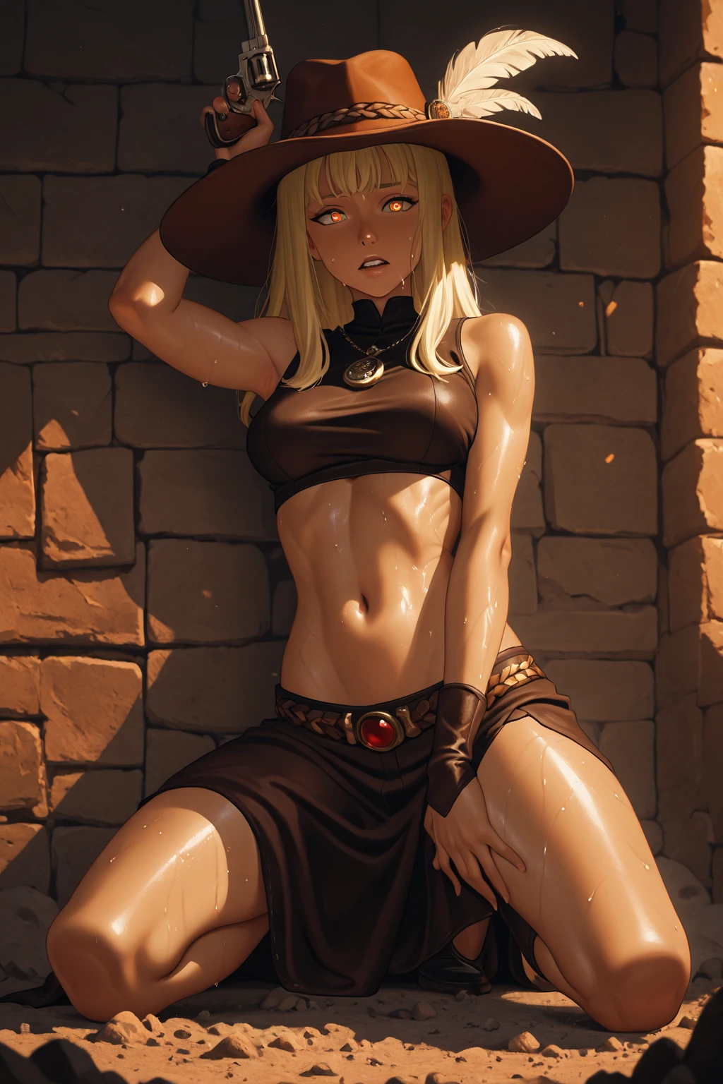 (depcit young girl), (((elegant cowgirl))), sexy, blond hair, long hair, straight hair, cowby hat, (open legs, spread legs, brown eyes, thin , small breasts, (topless), nice hips, open shoulders, (((sassy))), (Masterpiece, Excellent, complex details), delicate girl, delicate face, back arched, pretty, sunny desert