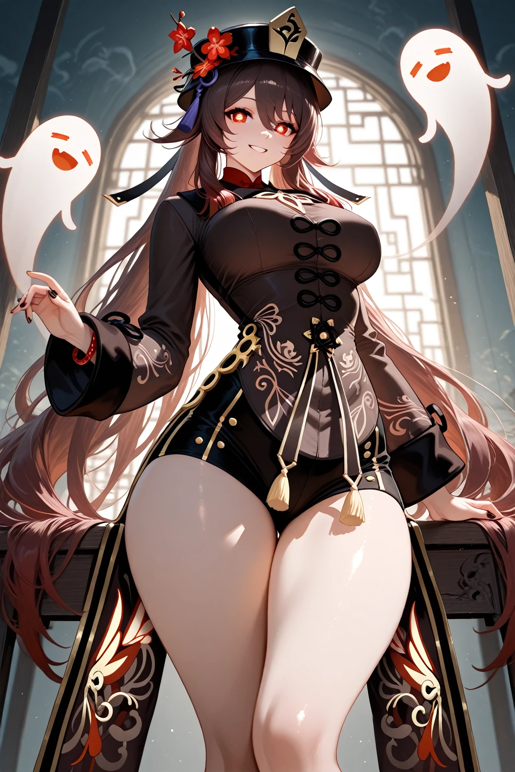 the original god,walnuts,one-girl,Off-the-shoulder attire,Large breasts,ssmile,red color eyes,cleavage,Black clothes,Black hat,(There is a token on the hat:1.2),In the middle of a quiet forest,best qualtiy,the wallpaper,Beautiful body,high-definition picture quality,hu tao(Genshin Impact),absurderes, (best qualityer), (tmasterpiece), (ultra - detailed: 1.2),White cute ghost,thick leg