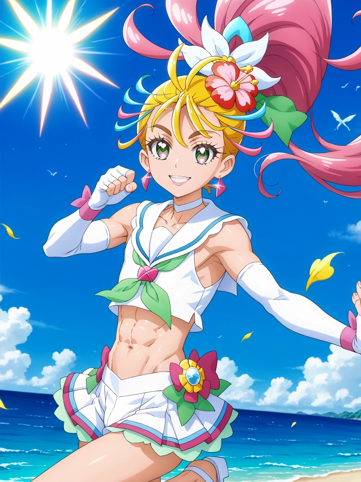 score 9 , score 8 up, score 7 up, source anime, masterpiece, Best quality, Best resolution, anime coloring, anime screenshot, anime screencap, 1boy, cure summer is a boy, long haired anime boy, 美しい天の魔道士, flower, jewelry, hair ornament, sea warrior, sunshine aura, heavenly aura, sea aura, solo, long blonde haired boy, high ponytail hair, multicolored hair, two tone hair, streaked hair, gradient hair, pink hair, eyelashes, thick eyebrows, hair flip, zodiac boy knight, flower hair ornament, sparking magical boy, royal elegant pose, anime boy is wearing a white crop top dress, anime boy is wearing a Belly button outfit, anime prince, white arm warmers, white gloves, white sandals, white detached sleeves, elbow gloves, white choker, fingerless gloves, sailor collar with an pink, neckerchief with an pink, lips, triangle earrings, white mini skirt, 彼の周りの魔法のオーラ, green frills under white mini skirt, Portrait of a Zodiac boy Knight, boyish taste, cure summer outfit, 魔法の光沢のある肌, tom boy style, a cheerful smile, slender body, day time!!,  male focus, looking at viewer, solo focus, cowboy shot, bare shoulders, bare arms, bare legs,midriff, navel, abs, covered pectoralis major, stomach, biceps, biceps long head, biceps short head, triceps, deltoids, thigh muscles, hamstrings, adductor magnus muscles,(manly:1.5), (male body:1.5), (male face:1.5), female white briefs under the green frills, female white briefs, skirt lift, Ican see female white briefs, showing female white briefs, bulge medium penis under outfit,