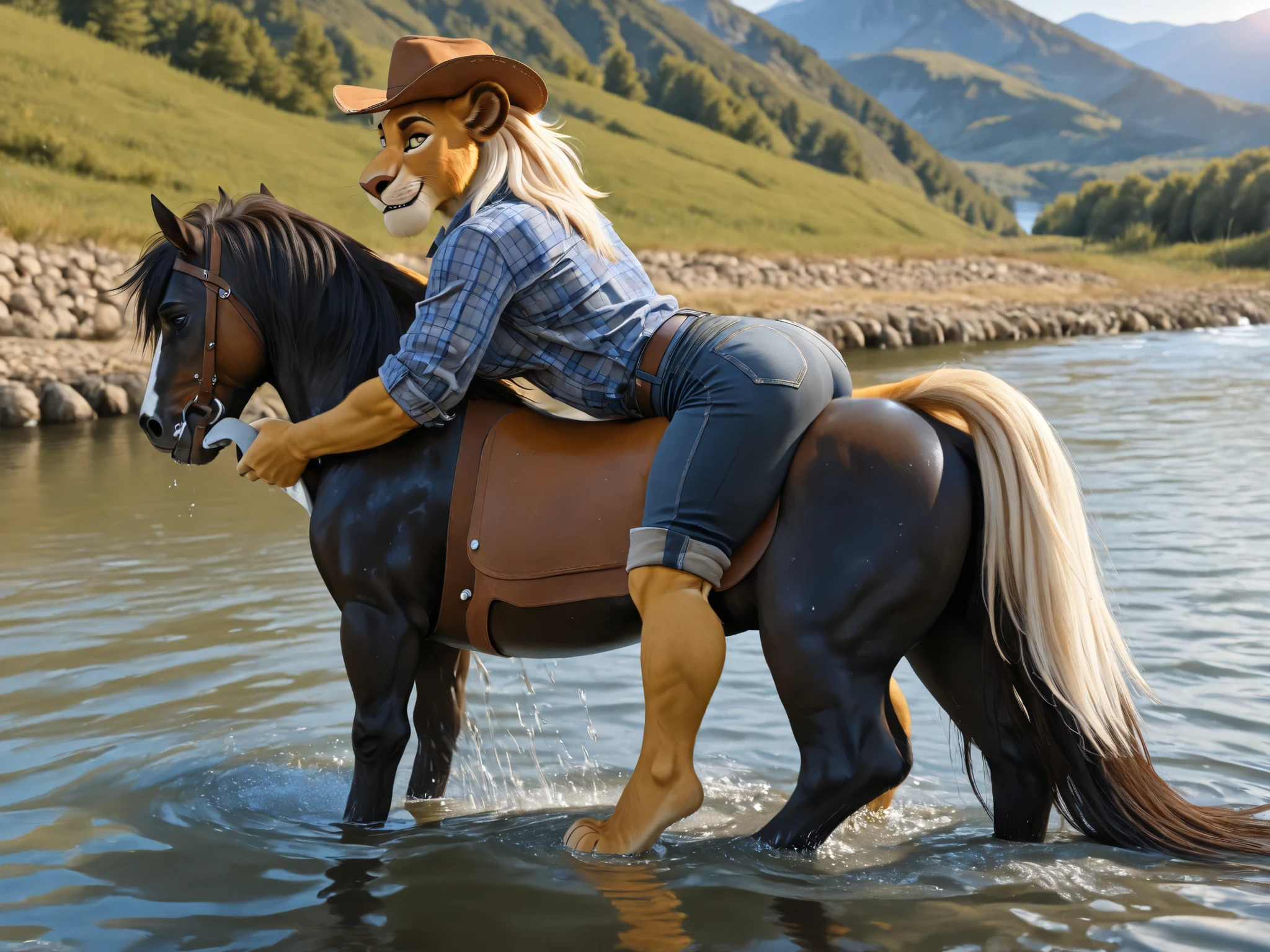furry, anthro, male, k10n, lion, cowboy, barefoot, plantigrade, dynamic abstract background, high quality, best quality, 8k wallpaper, (((attractive cowboy washing horse by river))), wet plaid blue-black flannel shirt clinging to muscles, dusty jeans, cowboy hat, rolled up sleeves, strong forearms, rugged good looks, confident pose, seductive smile, mountain backdrop, summer evening, lens flare, romantic atmosphere, professional photography, black horse with white mane, rear view, looking back to viewer