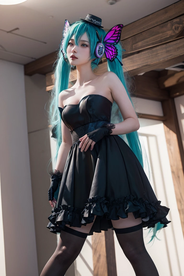 masterpiece、highest quality、Super detailed、official art、beautiful、1 girl、glitch art:1.5、colorful:1.5、green hair、length、Gothic Lolita Cosplay