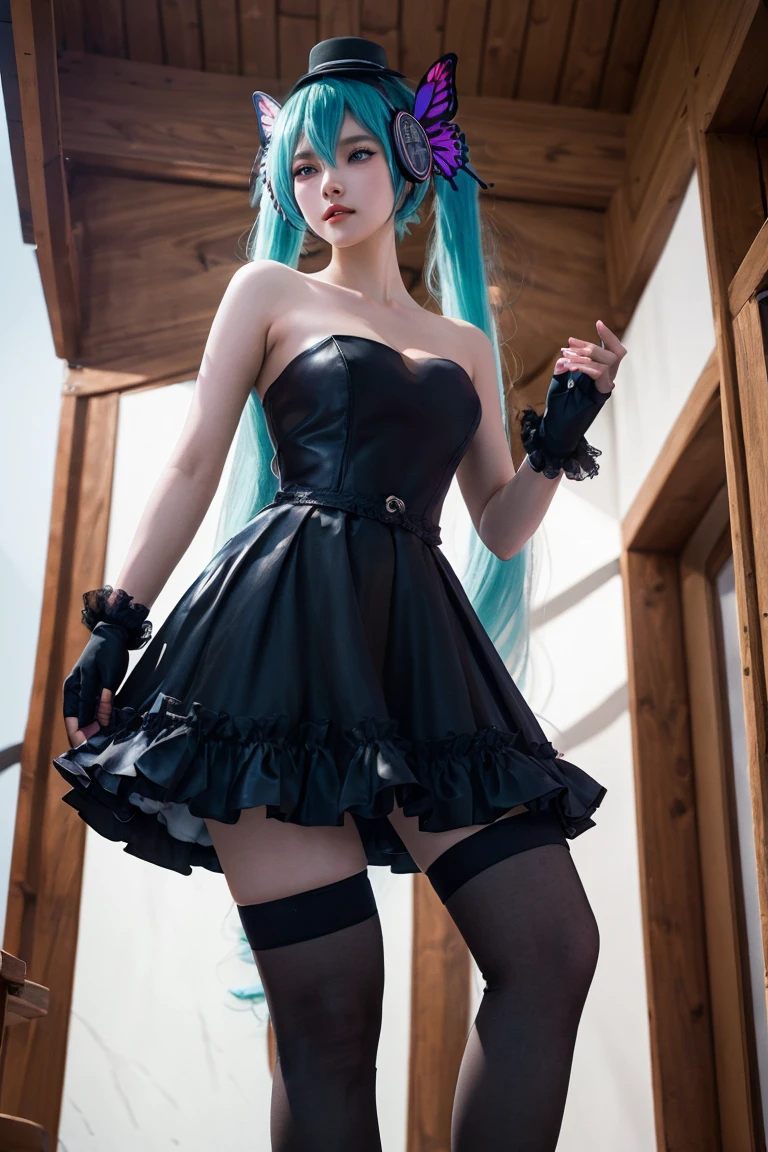 best qualtiy, A high resolution, Big breasts Hatsune Miku, expressioness, mascara, Black T-shirt with, a black skirt, lacepantyhose, high shoes, Concert, Black Television Broadcasters, guitar, Studio, amplifier, messy rooms, electric cables, natta, choker necklace, nipple piercing, Heavy eyeliner, Dark eye makeup, Pale complexion, Accessories with spikes, Wristbands, Complex foundations, Twinkle, scribbles, drinks, poster for, Background with, Soundboard, subsurface, crowed, loud, perspired, Full of prunes, Mosin, Narrow, inside in room, Blackn clothes,Masterpiece, Best quality, Solo, Smile, heartthrob, full bodyesbian, view the viewer, Long blue hair, double tails, Stand on a stereo, Stage, stage lighting, Stage focus, Detailed background, Audience, (Front focus), keyword: 1 girl taking pictures, (((Hatsune Miku))), surrealist portrait, Fantasy art, photograph realistic, Dynamic lighting, poster for, Bokeh, voluminetric lighting, Very detailed faces, 8K, Award-Awarded, 1girll, 25 year old girl, deepshadow, low tune, Long two-tailed hair with ponies, Bright Tosca hair and eye color (((Rich in color))), breast enhancement, Round chest, Nack shoes , full bodyesbian, Big smile (Open mouth), Wet skin, Highly detailed face and skin texture, Detailed eyes, Realistic eyes, Beautiful detailed eyes, (Realistic skin), (((Futuristic Hatsune Miku dress 1:1))), dynamicposes,fully body photo,full bodyesbian