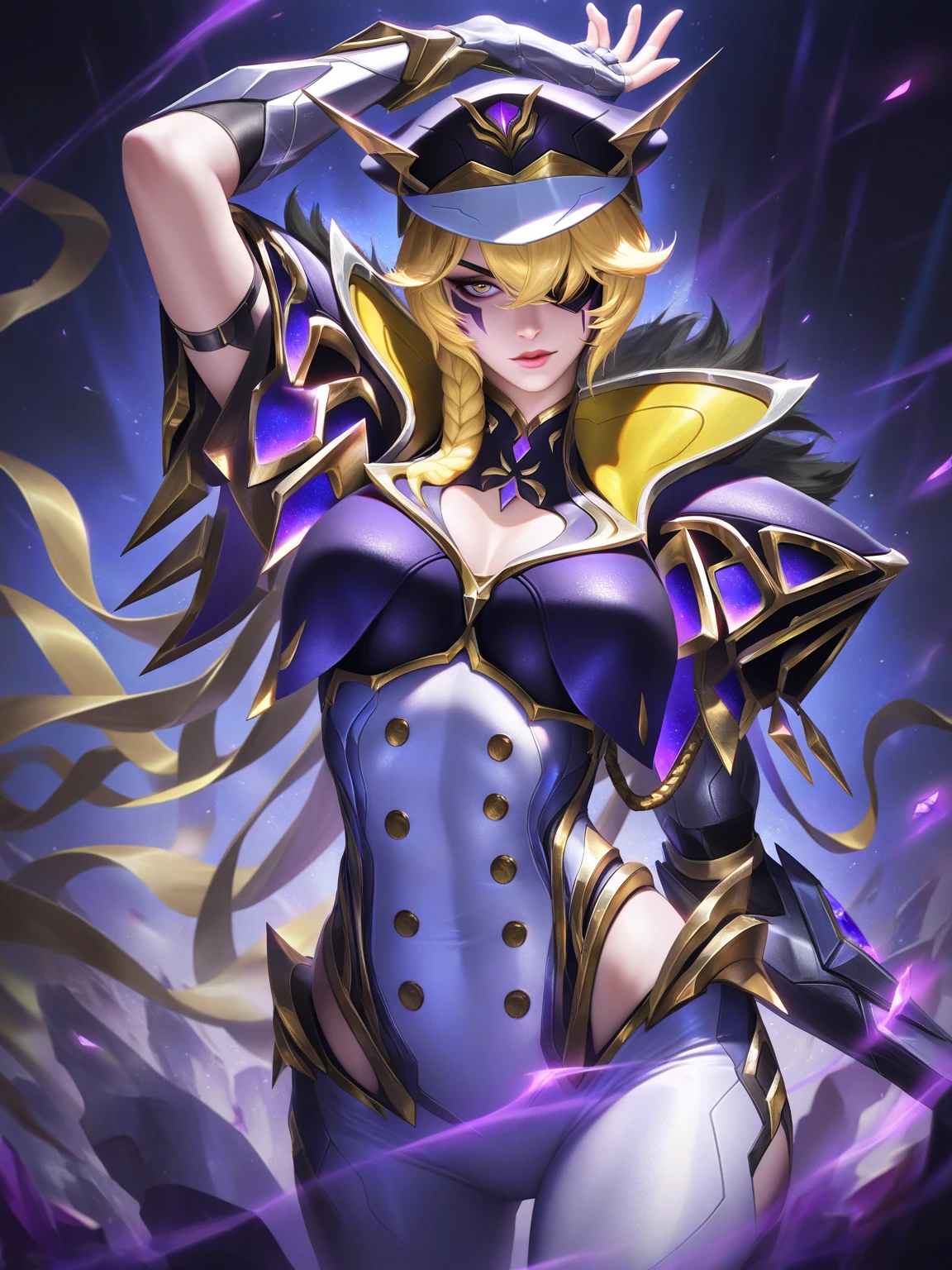 (Unity 16K Original Character Wallpaper, Masterpiece, Best Quality, Ultra Detailed, Extremely Detailed CG, Caustic, Cinematic Lighting, Detailed, Beautiful Detailed Purple Eyes, Sexy Lonely Woman), Mature Woman, Tall, Mid 20, blonde (golden) hair, tied (ponytail), from the front, ultra high resolution, thin skin, (wearing a purple dress, oriental dress, with gold details), (strong light), large busts, perky breasts, big ass, oily skin, Curby :1.2, , sexy woman, smiling, upper body, background, universe, portal, stars, Milky Way, standing, front