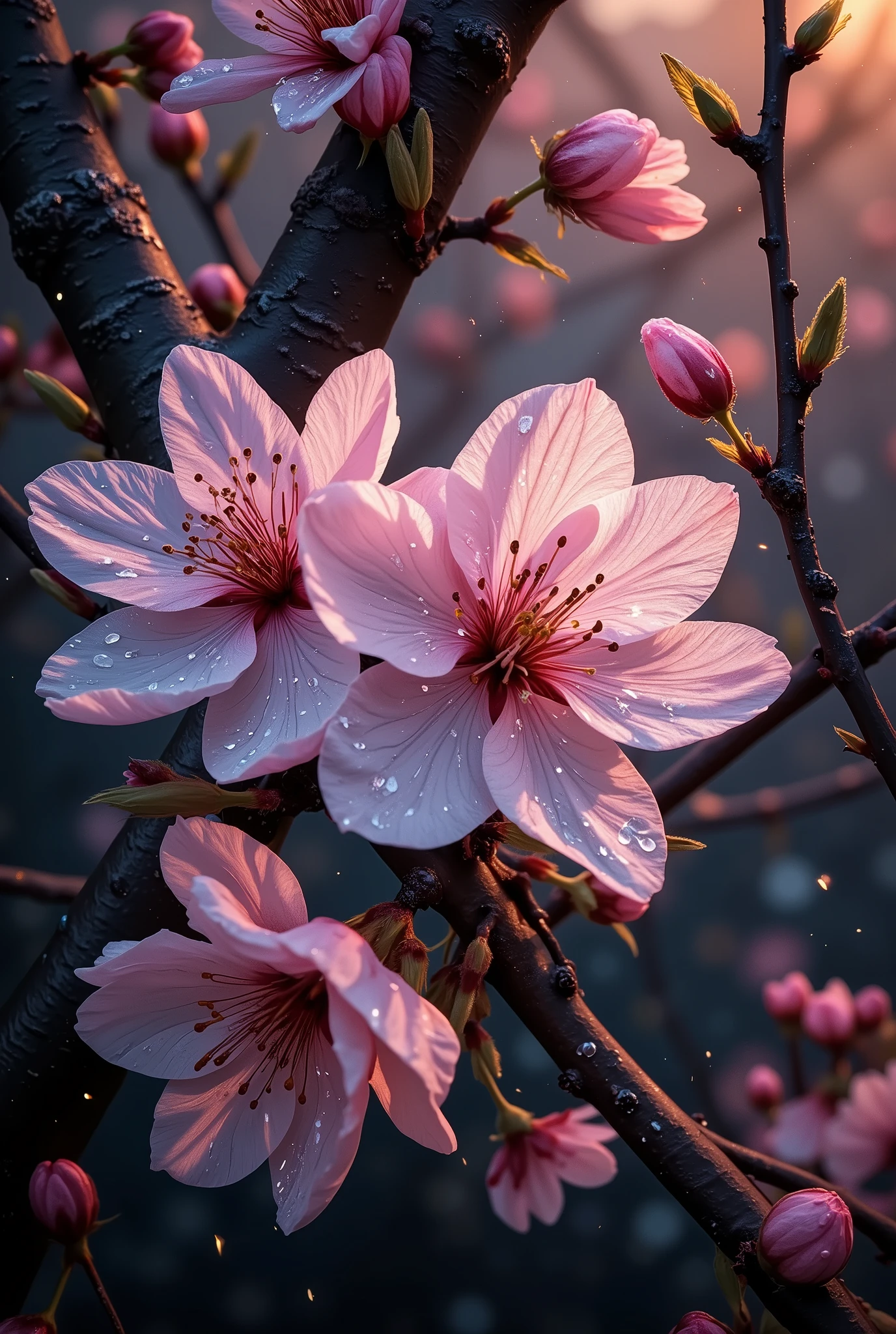 A macro art of microscopic image of a Sakura flower. Simple black background. Blooming Sakura flowers with droplets of water