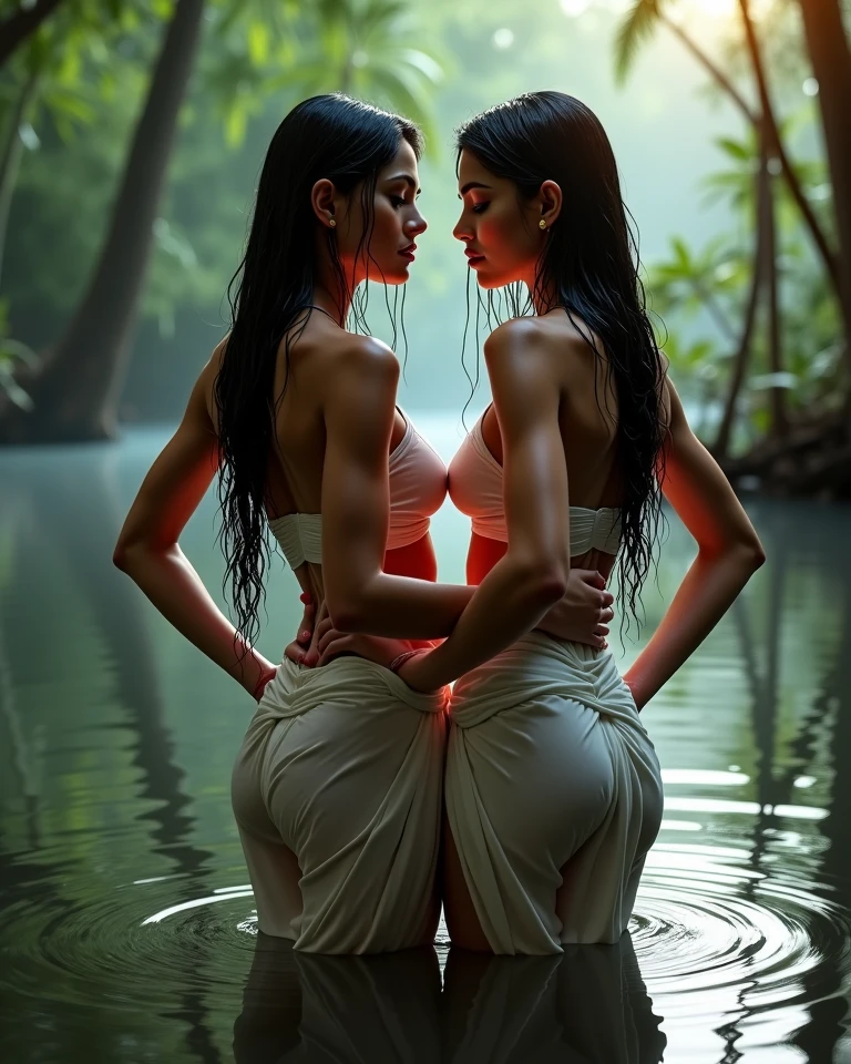 Two women embracing in water, bodies pressed together, ((lips touching)), romantic, lively, in water up to their chests, masterpiece, best quality, highres, hmsl1, hair flower, x hair ornament, naked, flower, standing, soaked, drenched, splashing, dripping wet
