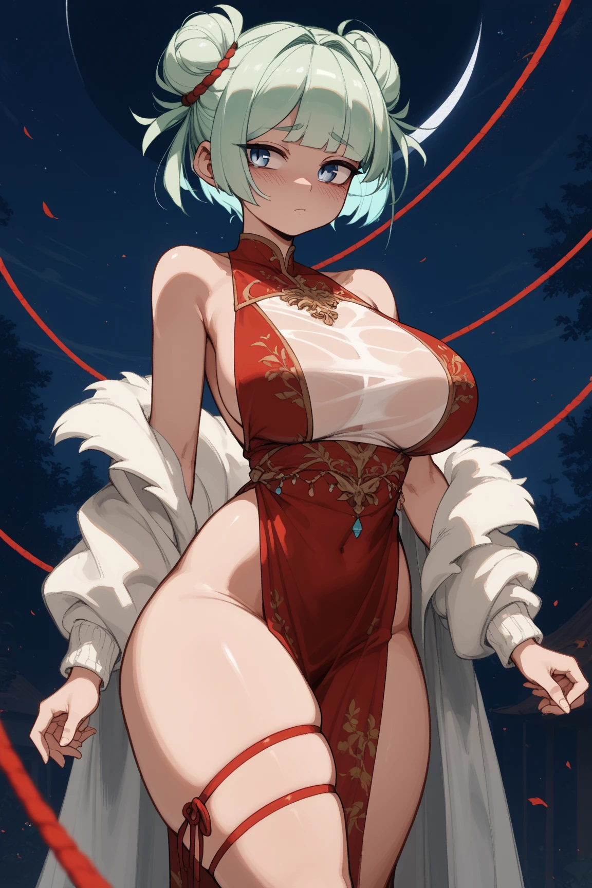incredibly absurdres, best quality, 4k wallpaper, mature girl modeling, 1girl, solo, arms behind back, (confused:1.3), Wine Red eyes, deep detailed eyes, (hair down and pixie cut), Smalt hair, breasts, huge breasts, cleavage, polka dot bikini, dress swimsuit, simple background, gradient background