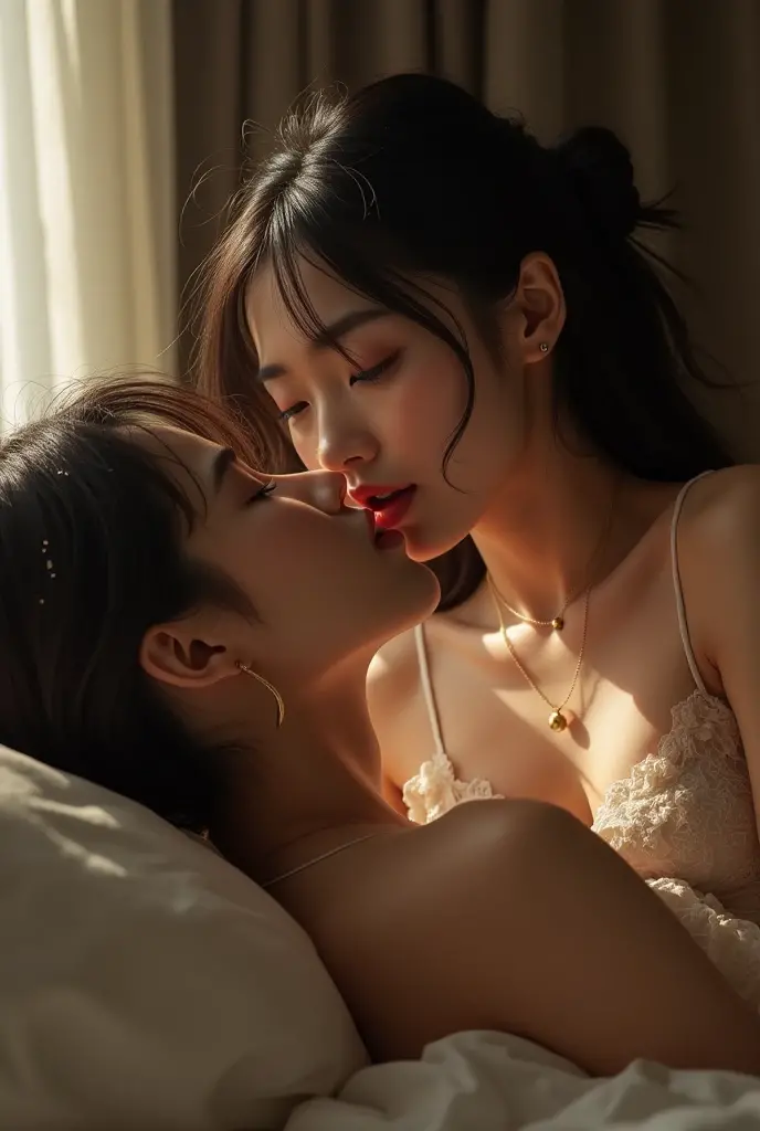 beautiful naked japanese women with big breasts lying on the sheet kissing