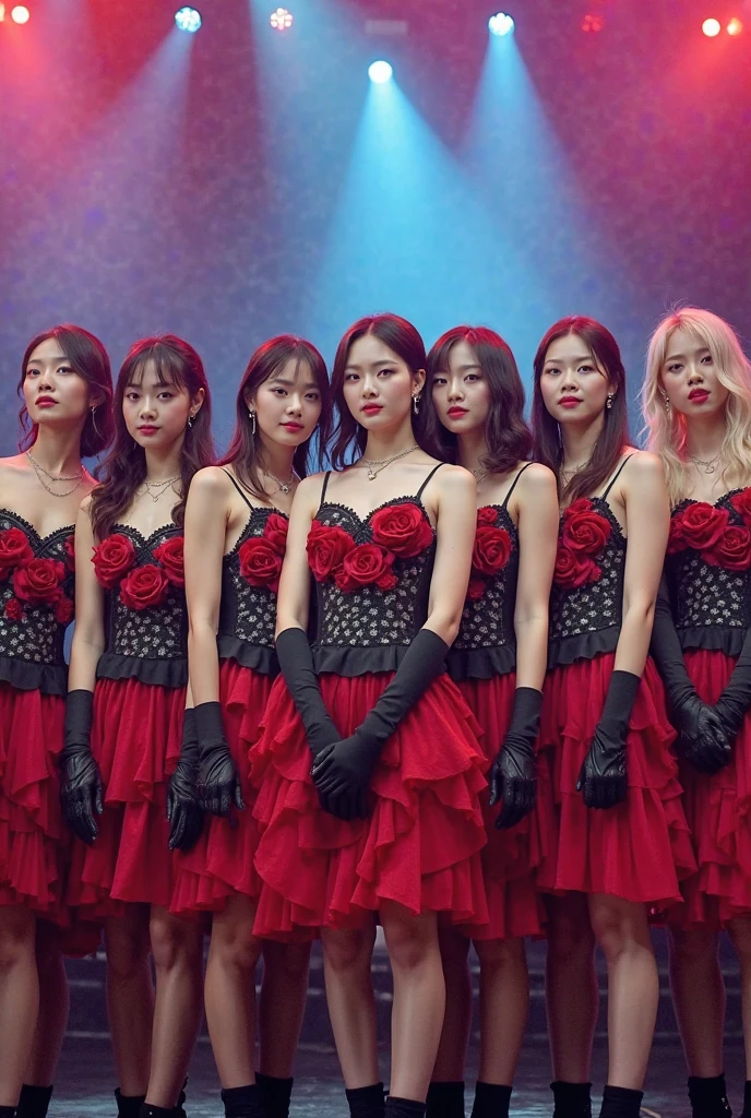 eight women are on the theater stage called anti-love rules, the eight girls are wearing seifuku, and they are singing on the stage
