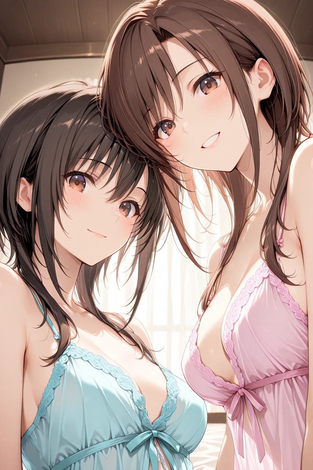 mizuharachizuru, chizuru ichinose, long hair, bangs, brown hair, (brown eyes:1.5), ((smile)), large breasts, 5girls, 
BREAK navel, cleavage, collarbone, swimsuit, bikini, side-tie bikini bottom, ((pink bikini:1.5)),
BREAK outdoors, beach,
BREAK looking at viewer,
BREAK (masterpiece:1.2), best quality, high resolution, unity 8k wallpaper, (illustration:0.8), (beautiful detailed eyes:1.6), extremely detailed face, perfect lighting, extremely detailed CG, (perfect hands, perfect anatomy), full body, sexy body, seductive appearance and posture, best quality, high quality, Very detailed anime screencap, {{{{squeeze, multiple girls, Thousands of sisters, Millions of sisters,Billions of sisters, clone, clone, Matching clothing, Match hairstyle}}}}, full body