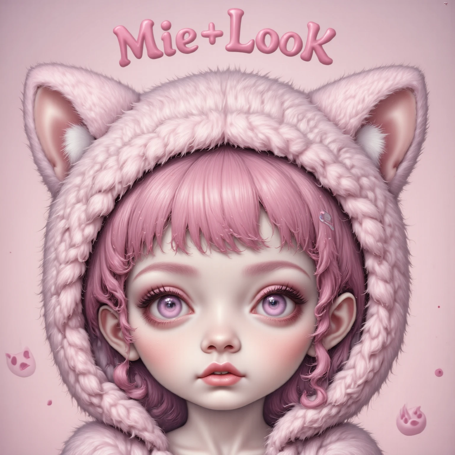 IMVU, pink hair, pink heart eyes, white round glasses, pale skin, white and pink cow ears, white horns with pink bows, fuzzy white jacket with pink spots, pink cowbell choker, kawaii, soft, high quality, masterpiece, 8k
