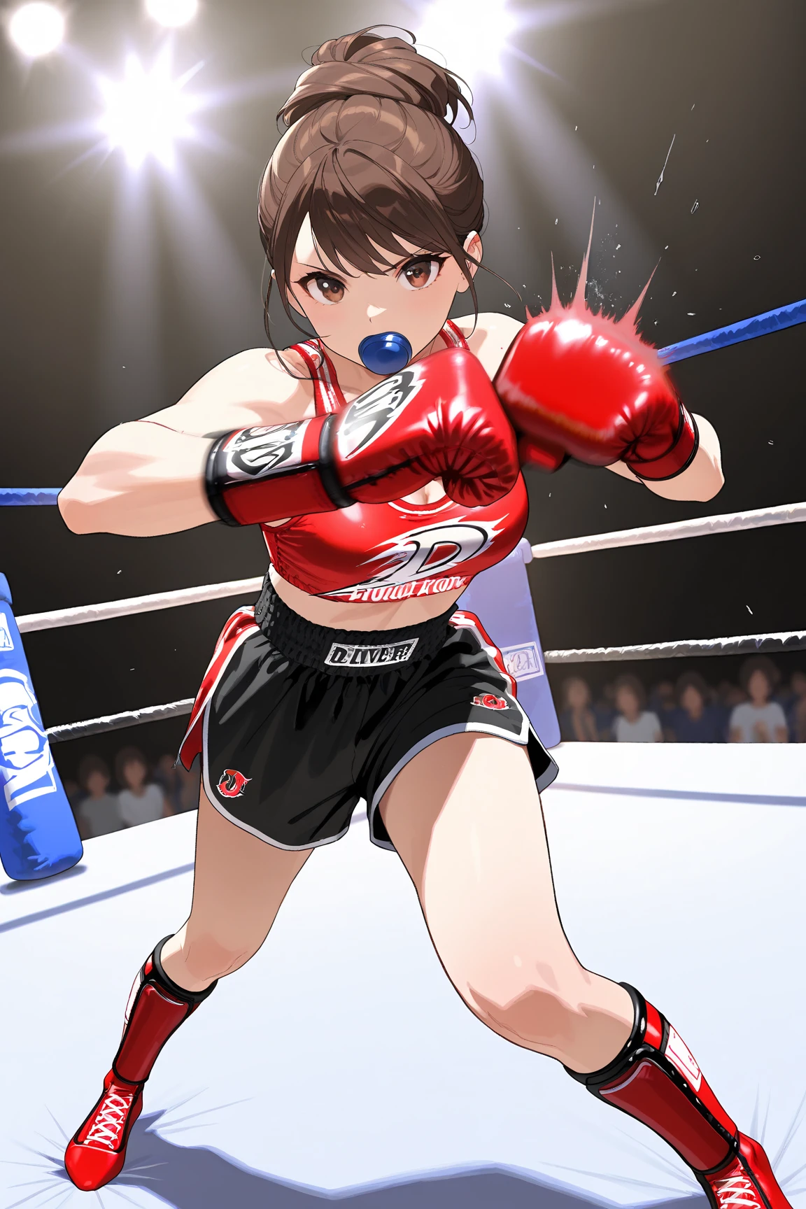 During a match with an opponent in the ring。Beautiful mixed martial artist。Crying with mouth wide open。Loss of fighting spirit。frightened。limits of physical strength。damage。Tattered。whole body。Sweat。muscle。six pack。scratch。Bruise。shortness of breath。
