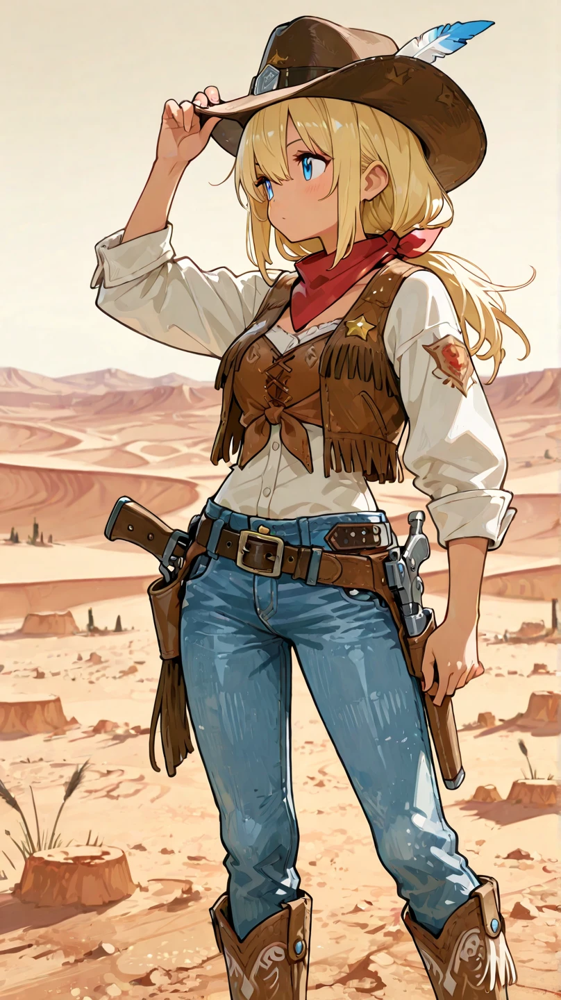 One girl, Ariana Grande, cowboy_hat, dark_skin, western, NSFW, desert, holding a revolver, cowboy_outfit, open shirt, sweating, dirty,