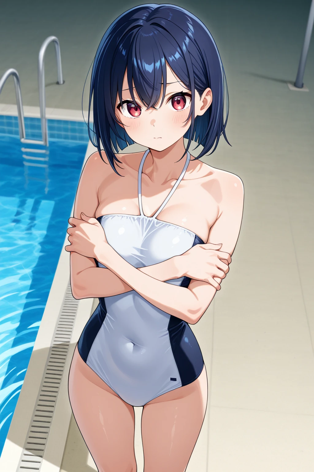 ((Embarrassing)), ((Put your hands on your chest)), ((Slouched)), 1 Whole body of a girl, elvish, ((silber hair)), Red Eyes, bob cuts, Braided hair, ((School swim wear)), One Piece Swimsuit, Navy blue swimsuit, Outdoor pool, slim figure, speculum, gender change, concept-art, beautiful anime scene, Beautiful anime scenery, top-quality, ​masterpiece