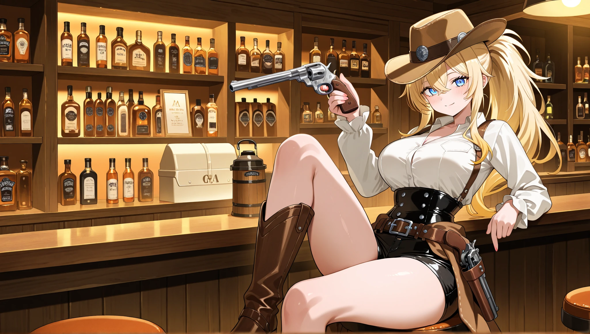 (((1 person:2.5))),(((NSFW:1.9))),(((Nude:1.9))),(((Naked Cowgirls:1.5)))(((Wear a gun belt with a holster:1.8))),,((Put the watch on your wrist:1.5))),(((Showing cleavage))),(((Exposed thin inner thighs))),(((Small breasts:1.5))),(((Bare arms))),(((Put on your boots:1.5))),((Blushed:1.8)), Beautiful detailed girl, Very detailed目と顔, 緻密でBeautiful Eyes, Very detailed, High resolution, Highest quality, masterpiece, Very detailed, 8k wallpaper, wonderful, finely, Highest quality,(Standing in front of a wooden wall),Beautiful Eyes,((Engage your audience:1.5)),((Cowboy Shot:1.5))),((Front shot:1.2)),((Place your right hand on your chest:1.5)),((Drinking whiskey:1.4)),(((Drunk,Cry:1.8))),(((Sitting on a chair:1.2)))