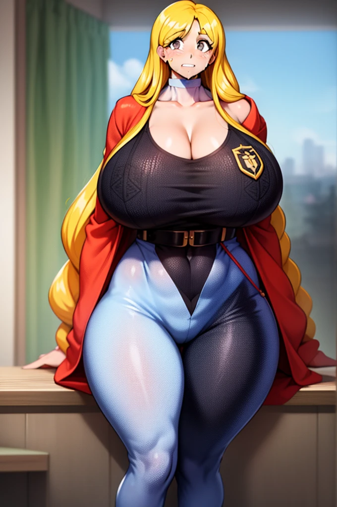 (4k, Prominence in Masterpiece, High Quality, Best Quality: 1.2) full body, 1 child female, solo, 1 girl, lustful smirking smile blush, looking at viewer, sitting on chair with legs crossed, big black thighs stocking, big breasts (cover with blue) ((SFW)), hands on hips, wide hips, blonde long hair, blonde drill hair, blonde twin drills hair, blue wizard hat, Handcuffs on their hands, With a collar around the neck