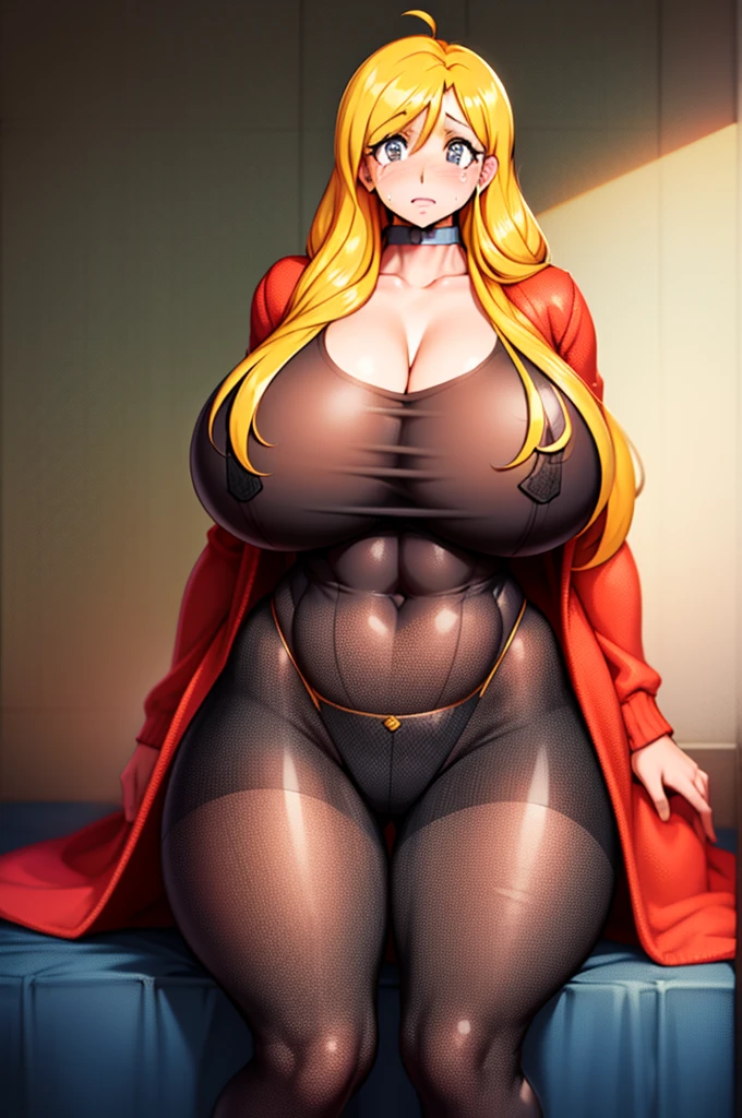 art by kipteitei, ((Masterpiece, best quality, perfect lighting, amazing shading)), perfect anatomy, field of depth, extremely beautiful, long blonde hair, hair ribbons, green eyes, ribbed sweater, leggings, cute smile, (chubby), (cowboy shot), (cute pose), bedroom background, detailed background