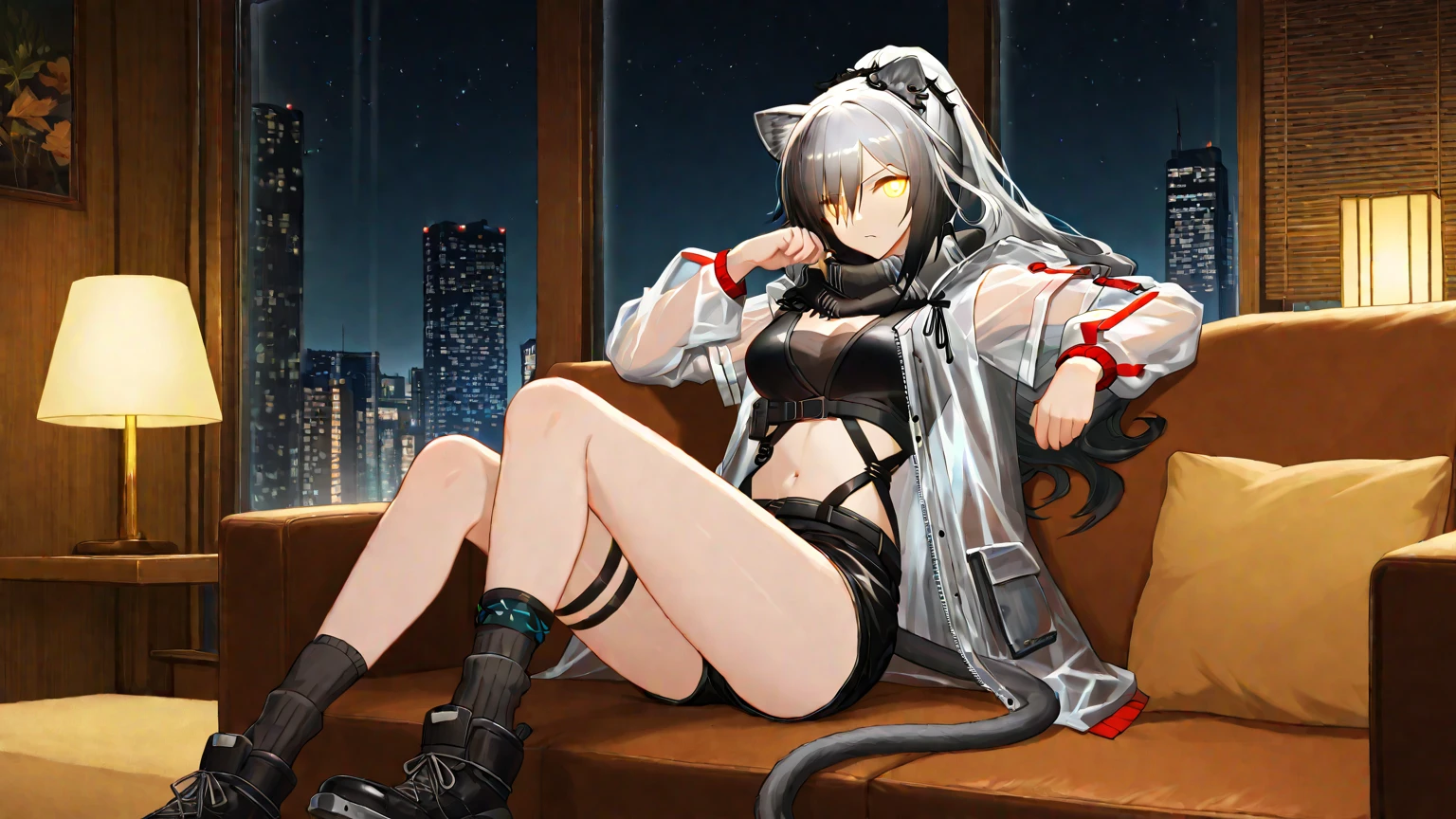 masterpiece, highest quality, Perfect Face, Highest Resolution, Highest quality,Detailed depiction of the eyes, 8k, foxy, 1 girl, young, Young, skinny body, White Hair, Long Hair,one side braid grated, Cat ear, Big cat eyes, Yellow Eyes, cyber punk, navy blue mechanical arm guard, navy blue mechanical leg guard, Expose your shoulders, Exposing your thighs,  Expressive, cat tail, Black ribbon choker