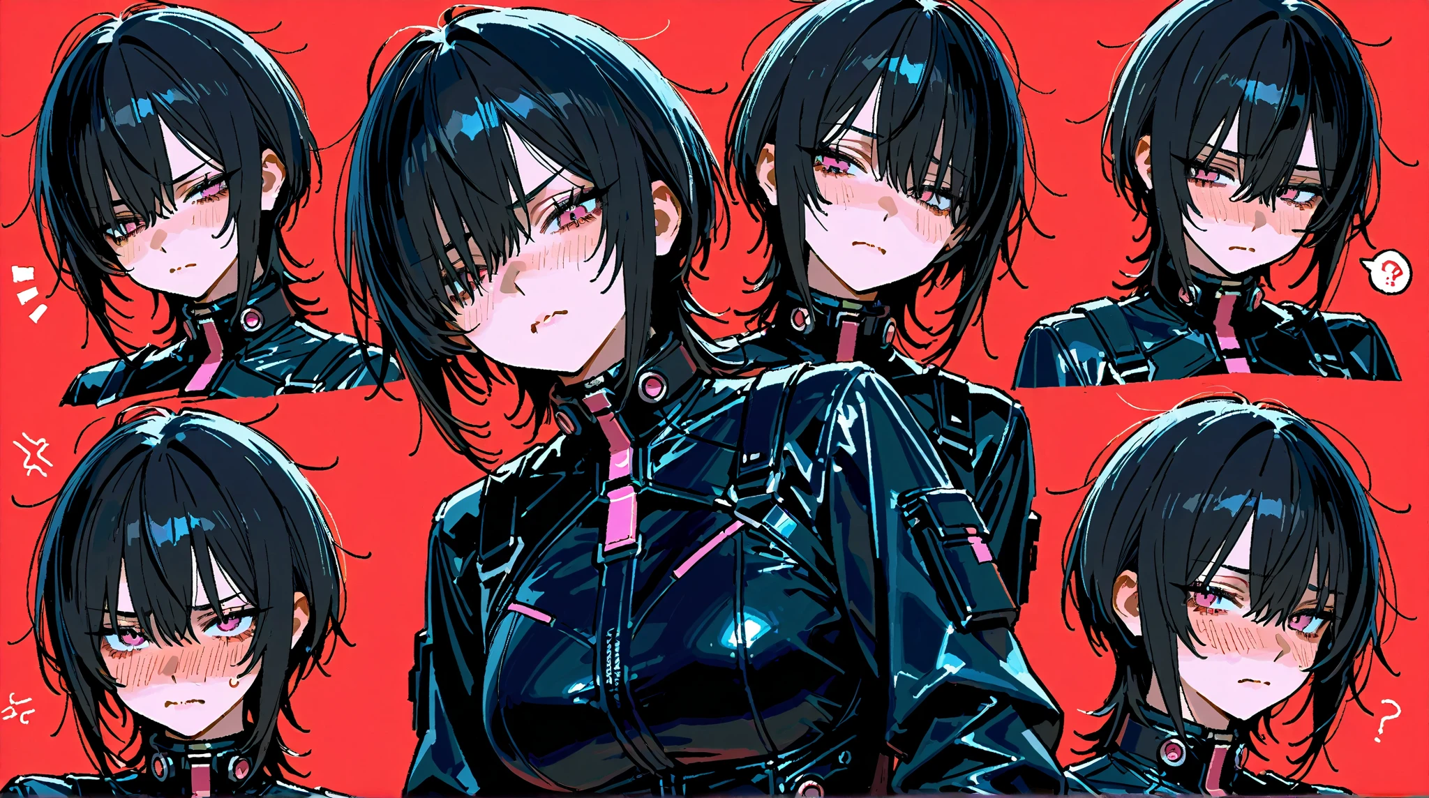 solo, character centered in image, A beautiful girl with short black hair, latex bodysuit, upper body shot, retro anime, black and white, monochrome, red eyes, tattoo's piercings, cute, pin up,