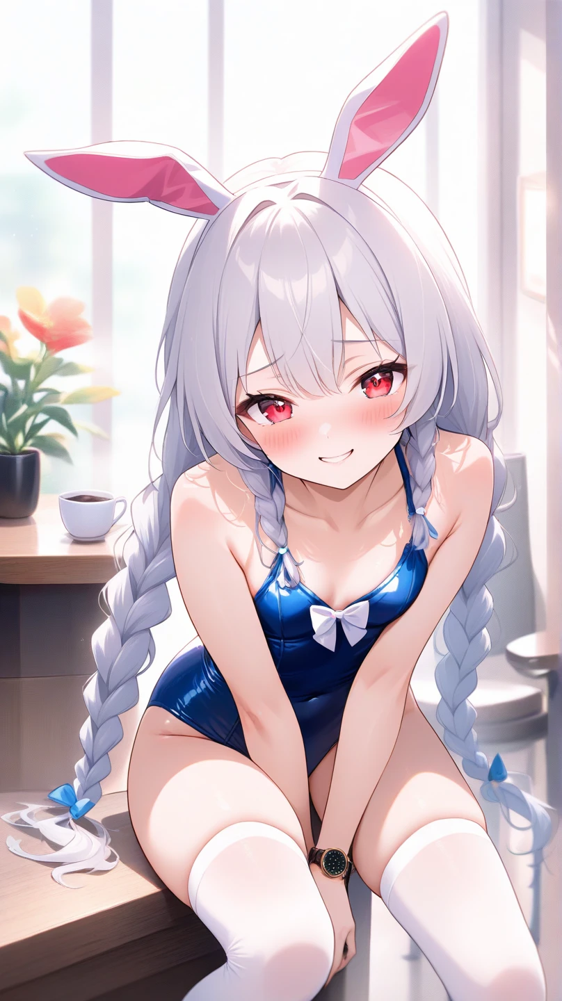 hiquality、top-quality、Full limbs、The ultra -The high-definition、Long、Shining eyes、complete fingers、Slender beauty、ssmile、Wearing a shiny white school swimsuit、shinny skin、knee high、girl's cute room、Dramatic Writing