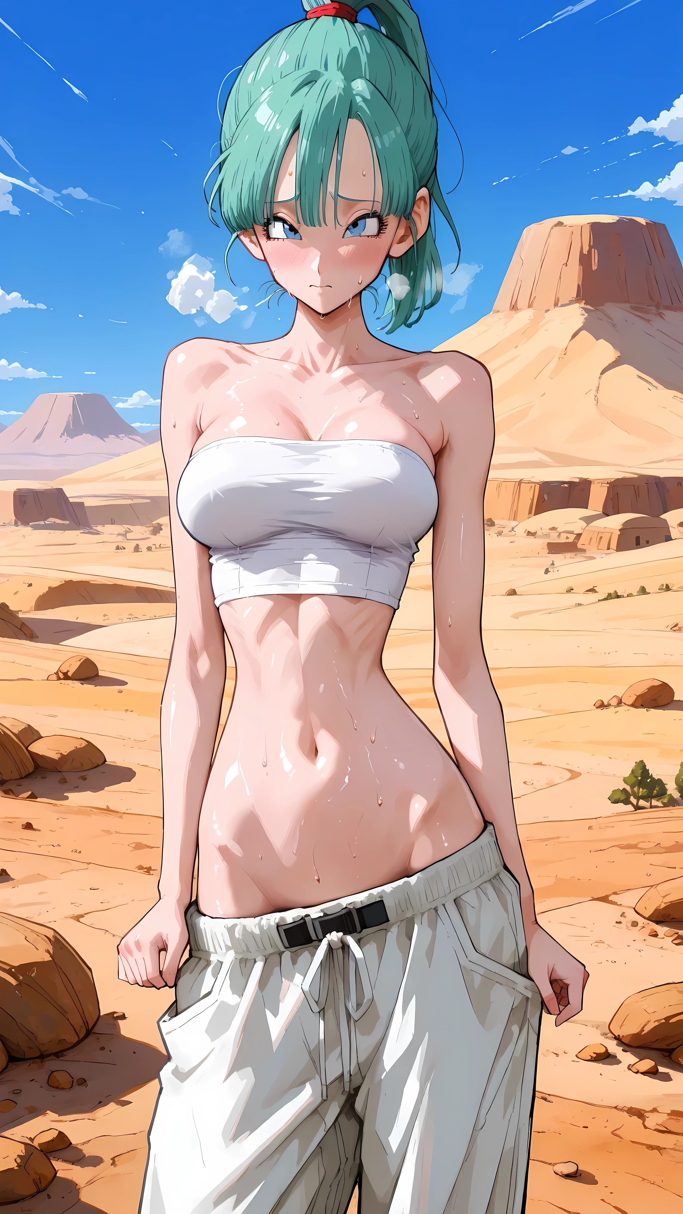 (masterpiece,best quality:1.2,amazing quality,very aesthetic, absurdres,newest) ,YamamotoXLP,,
, bulma, dragon ball,1girl,solo,(ideal ratio body proportions:1.2) ,(slender body:1.2, skinny:1.2), medium breasts,aqua hair,high ponytail,shy,heavy breath,sweat,white tanktop,strapless,red waistband,white pants,Loose pants,gleaming skin,standing,a Desert,