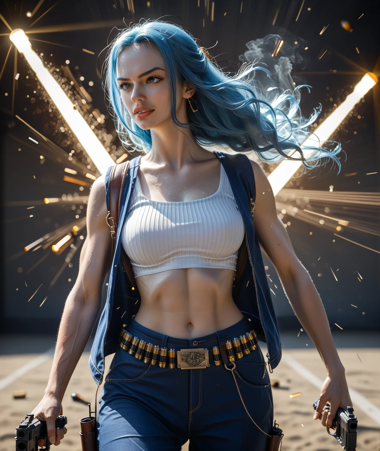 1girl, solo, masterpiece, high quality, full length, noblewoman, crop top, skirt, aasimar, fantasy, blue hair, blue eyes, midriff, perfect body, perfect face, perfect breasts, muscular, abs, tall