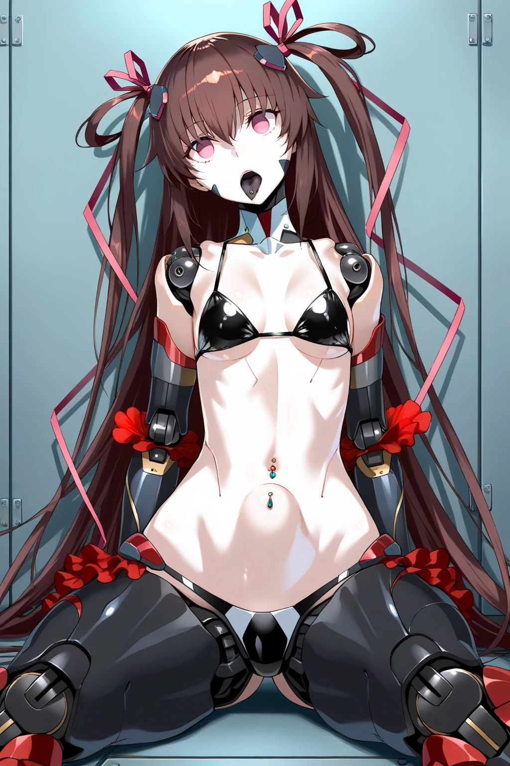 RobocoSan, traditional media, marker \(medium\),
1girl, roboco-san, breasts, solo, virtual youtuber, mechanical legs, cameltoe, navel, long hair, brown hair, multicolored hair, kneeling, android, cleavage, mechanical arms, yellow eyes, large breasts, hair over one eye, white background, blush, looking at viewer, collarbone, closed mouth, arms behind back, full body, bangs, red hair, pink hair, stomach, very long hair, thighs,
masterpiece, best quality,