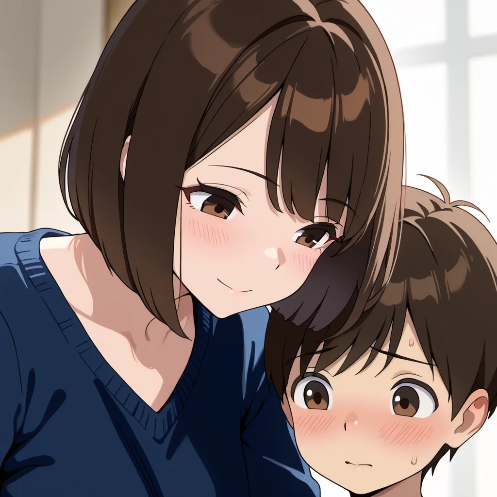 score_8_up, source_anime, anime screencap, 1mature_female, brown hair, brown eyes, low ponytail, smile, 1boy, Shota, hug from behind, living room