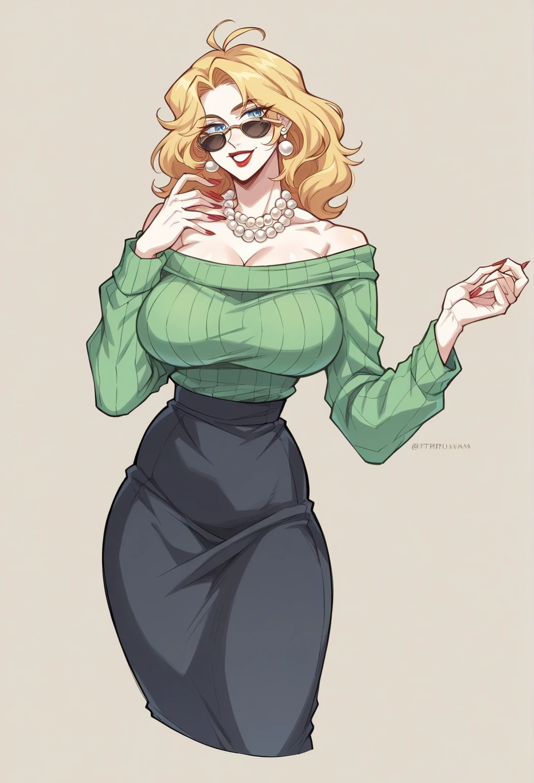 Fastened on the sweater, She wears a rice-toned wool sweater, Face oval  , with lines bearing traces of the years, handle your age. fit her body without being too tight, Knee-length black skirt completes the classic look, but always full of calculated expression, , which is usually painted with a lipstick in shades of red. 
Keep the dresses light next to her lips, as if evaluating each person she talks to, painted with nail polish in classic shades such as red or . one next to her mouth, with white skin and slightly marked with time, covered by slightly wrinkled eyelids. Her hair is gray and lush, maintains her flawless appearance shows that he has spent a lot of time. pearl earrings adorn her ear, reinforces the look of a tidy and meticulous woman. The highlight of the accessories look, She has a full body, maintains an air of seriousness and professionalism with sagging . however, in a fluffy and round style {x} that may not be noticeable but a touch of humanity and uniqueness that reminds of the charm of decades past {x} adding details {x} upright and confident posture compensates for every trace of physical fragility.  Expressing comfort and elegance, The skin is decorated with fine moles, adds charm to the look of a distinctive beauty spot, another on his right  and a third on the bend of his hip. Half moon glasses are always available, Perfectly arranged, Her nails are always well-groomed. Her smile is thin and sincere, as they can see. adorns her, with a careful and experienced look. A simple and elegant pearl necklace with white skin and slightly marked with time: The highlight of the accessories look, Make her  and meme tips visible. but still retaining a certain elegance, goes beyond looks, clearly shows her name. x} Her deep-buried blue eyes, practical but also stylishly standing on her nose, lipstick complement, High-resolution 8K