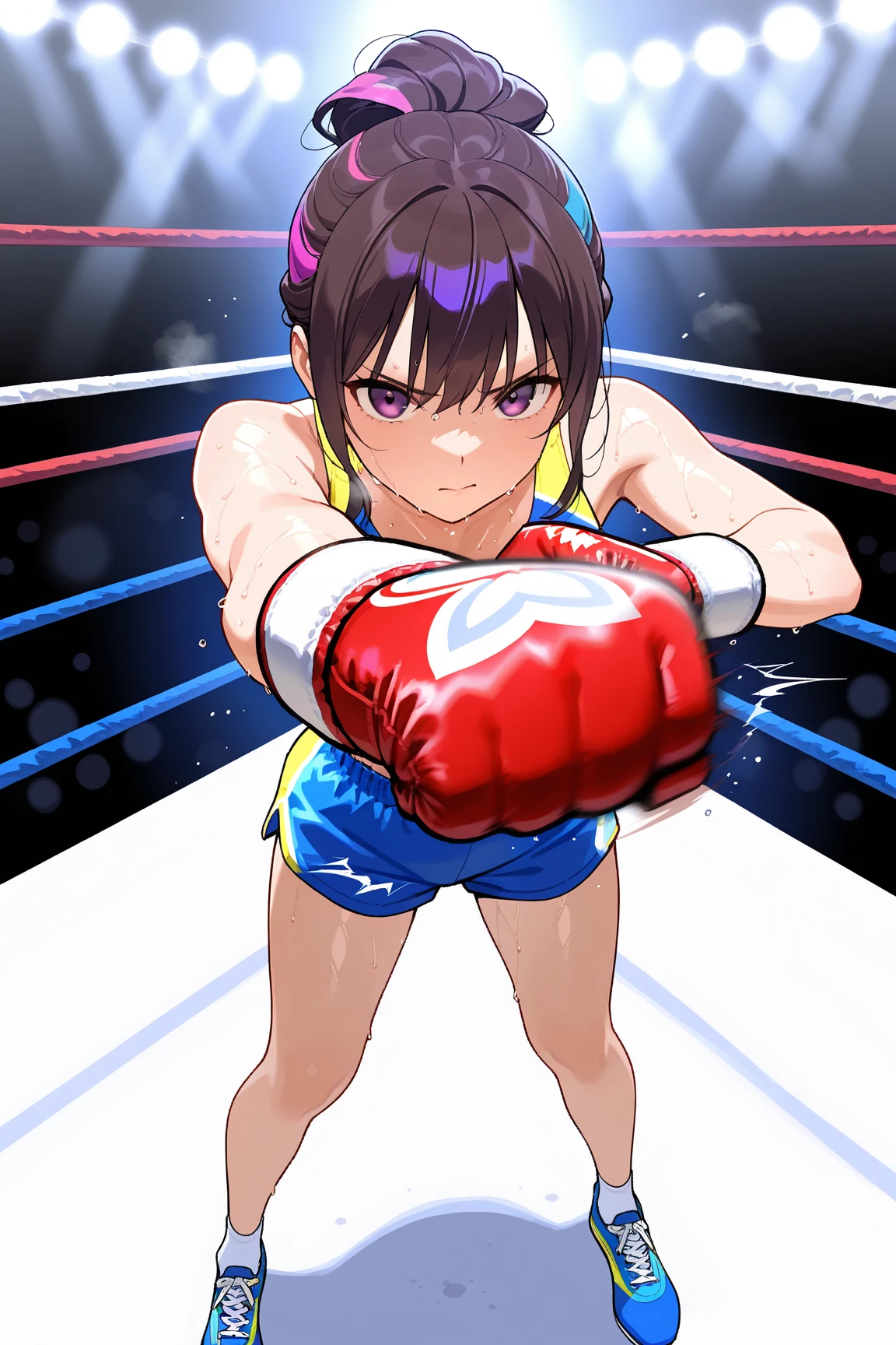 Beautiful mixed martial artist getting punched in the stomach。Match in the ring。Mount Position。whole body。scratch。drenched in sweat。shortness of breath。