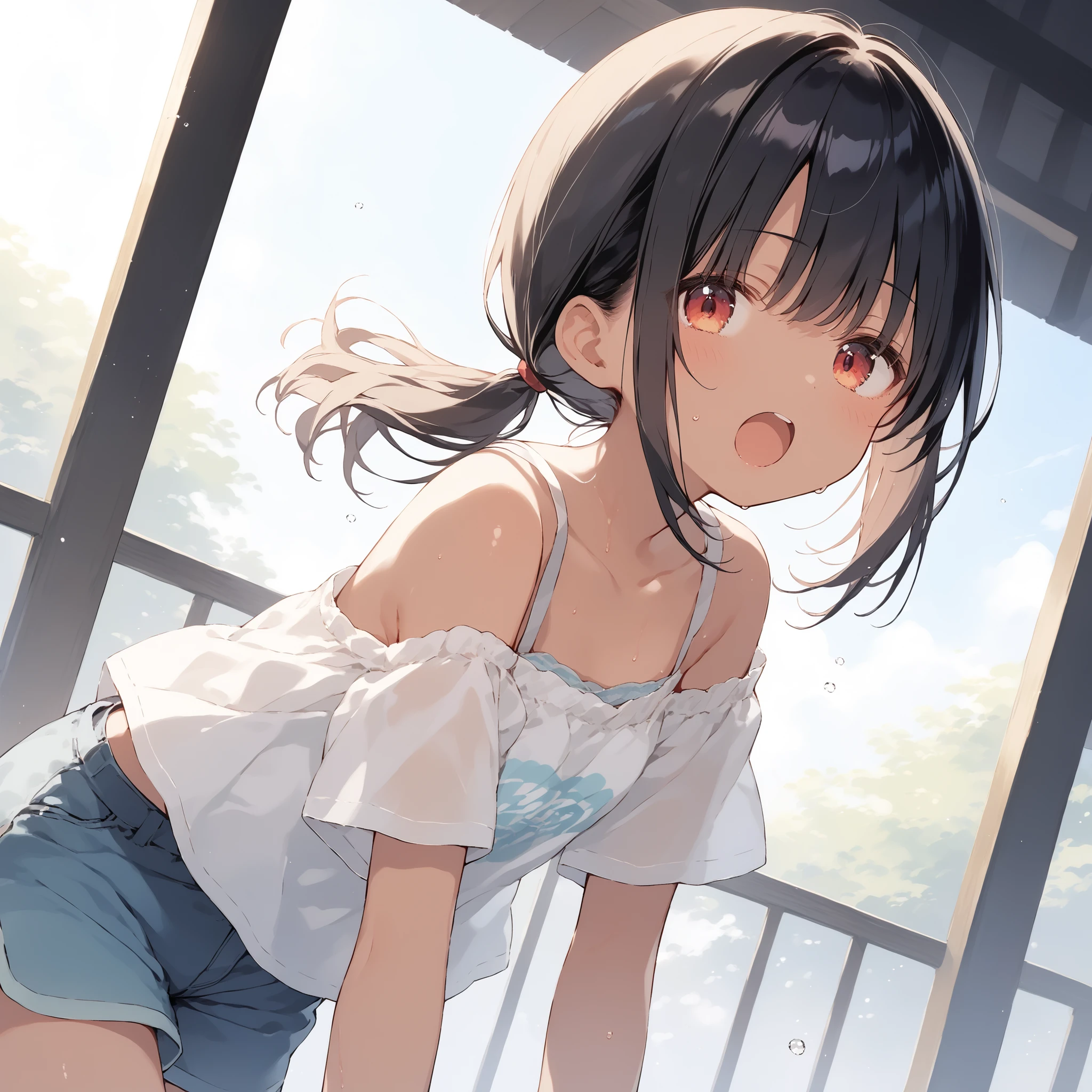 side view,eye-level shot,face focus,open mouth,tongue out,cum on tongue,lick,(1girl,Beautiful 16 year old girl),((Slender,Small breasts,Baby Face,Small face,)),looking at viewer,Black Hair,bangs,two side up,Gray Eyes,Drooping eyes,slit pupils,narrow eyes,ollarbone,white t-shirt,bare shoulder,Denim mini skirt,Beautiful and detailed anime art,Mischievous smile,Dimly lit room,Simple Background,Gray background,Low lighting