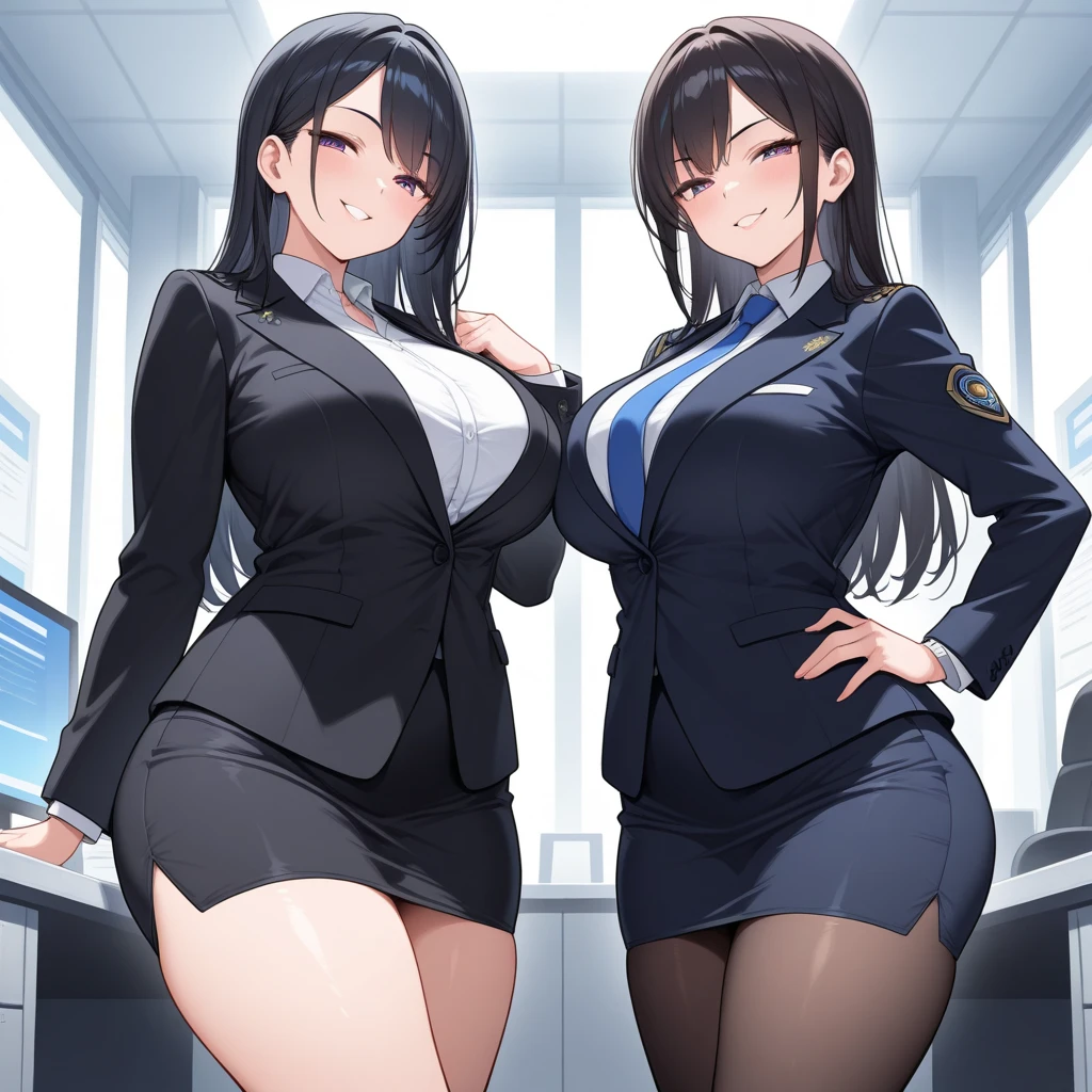 (solo 1 very skinny office lady standing in office:1.3), (swaying back), standing exactly, (arms behind back), (black business suits:1.3), (black blazer with closing chest:1.3), (white dress shirts under blazer), (bursting gigantic huge breasts:1.3), necktie, (inconceivably narrow waist:1.3), too short black skirt, thigh gap, highheels, nose blush, perfect anatomy, (orgasm), pussy juice dripping down between things