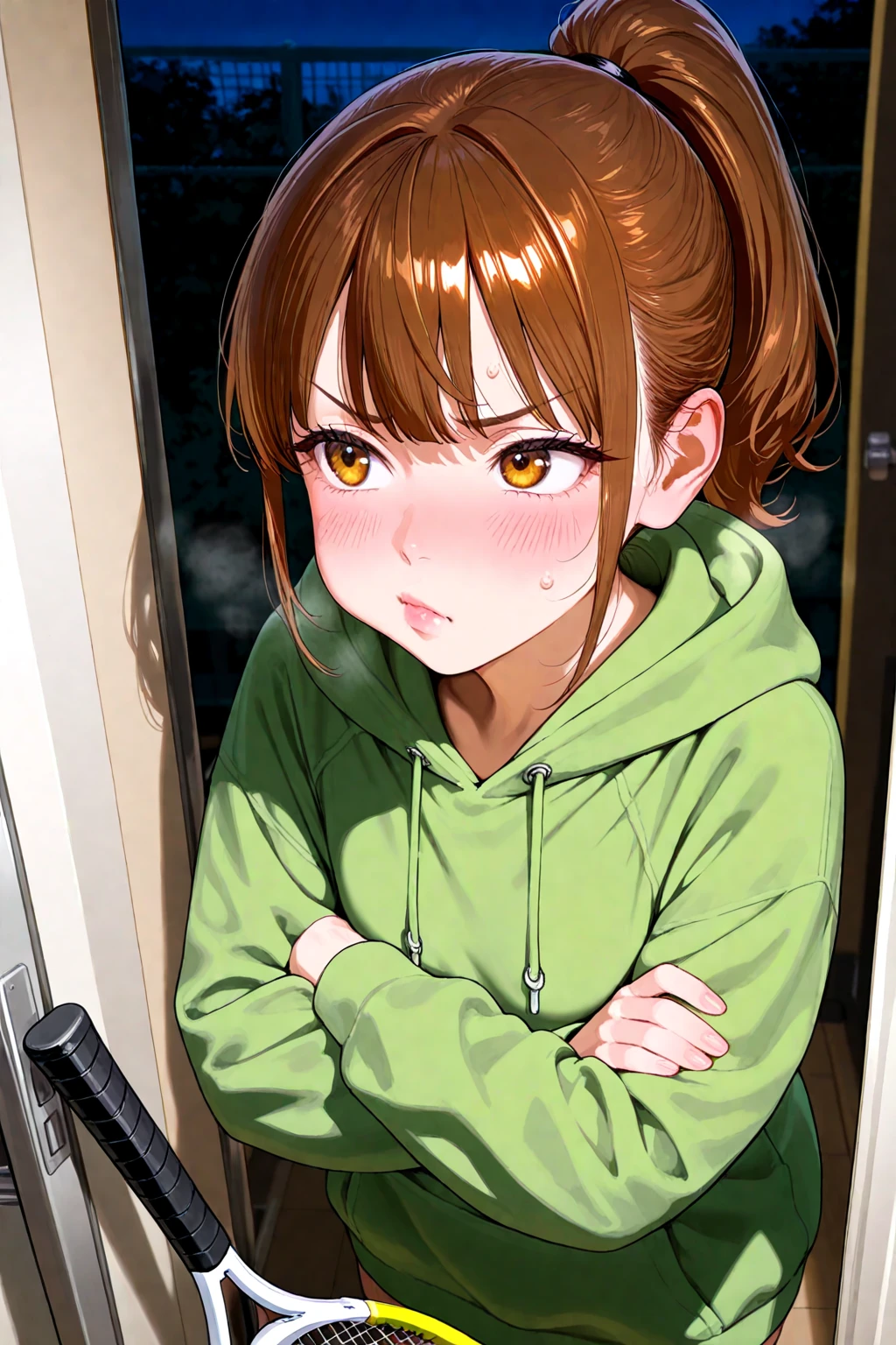 ((mesa, Best Quality, High resolution, NffSW, pixel perfect, 4k, NffSW, NffSW))), 1 girl in, single, Alone, beauty、full body seen、 ((medium wave hair, hits, Brown hair)), ((Brown Eyed, Beautiful eyelashes, realistic eyes)), ((detailed face, blush:1.2)), ((Smooth texture:0.75, realistic texture:0.65, photorealistic:1.1, cg anime style)), Mikoto went up, medium breasts, dynamic angle, perfect body, messy hair, light, dreamer, ojos dreameres, Sleepy, (green_eyes:1.3) enchanted green eyes, hood, hoodie, frog hoodie, (frog hood:1.5),, (dressed frog:1.3), unzipped hoodie, naked hoodie, without pants, no skirts,