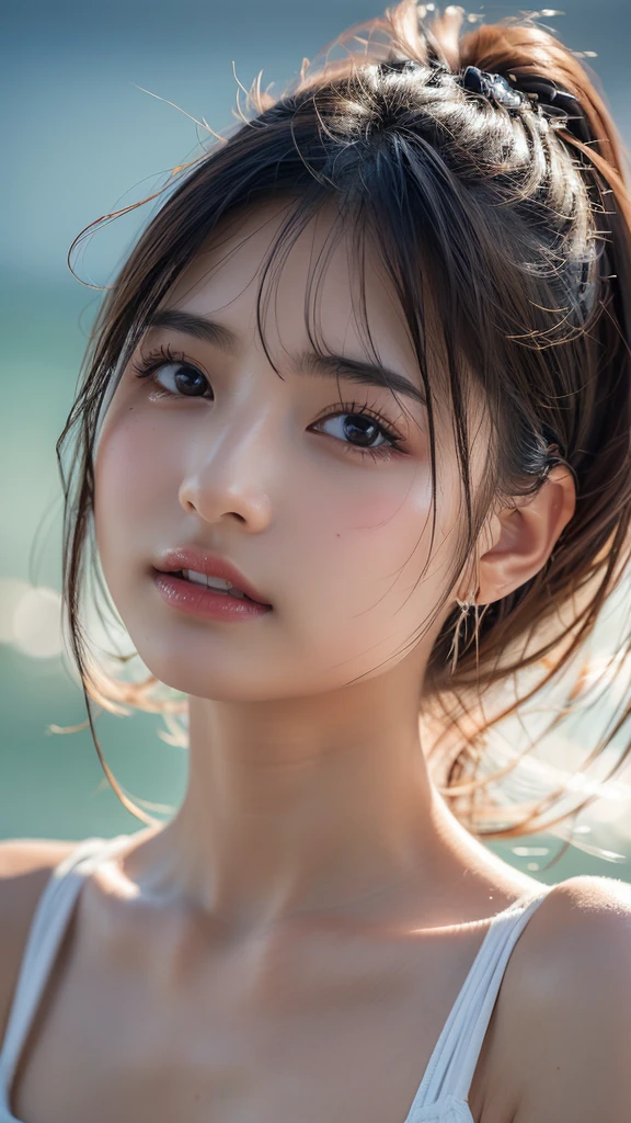 a beautiful young girl, 1girl, extremely detailed eyes and face, beautiful detailed eyes, beautiful detailed lips, longeyelashes, realistic skin, wet and messy hair, realistic fabric, deep dark eyes, graceful face, looking directly at viewer, movie-like cinematic style, detailed hair strands, perfect makeup, light and shadow effects, clair obscur, clear blue sky background, ponytail, realistic lighting, (best quality,4K,8k,highres,masterpiece:1.2),ultra-detailed,(realistic,photorealistic,photo-realistic:1.37),vivid colors,HDR,uhd,studio lighting,ultra-fine painting,sharp focus,physically-based rendering,extreme detail description,professional,smiling,full body,large breasts,short hair,blushing,slightly open mouth,blurred background,close-up,look up,wide-angle shot,black bikini