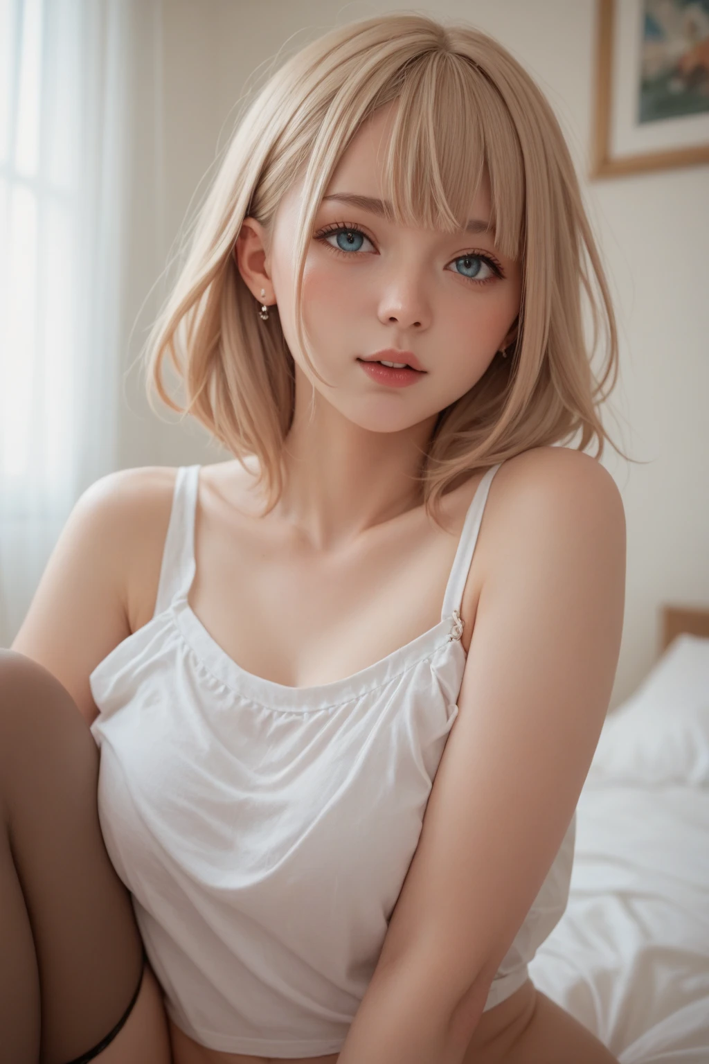 (masterpiece:1.2, highest quality), (realistic, photorealistic:1.4), beautiful illustrations, (natural side lighting, movie lighting), Depth of written boundary,
looking at the viewer, (face focus, Upper body), Front view, 1 girl, English, high school girl, 17 years old, perfect face, Cute symmetrical face, shiny skin,
(bob hair:1.7,blonde), asymmetrical bangs, Big eyes, droopy eyes, long eyelashes chest), thin,
beautiful hair, beautiful face, fine and beautiful eyes, beautiful clavicle, beautiful body, beautiful breasts, beautiful thighs, beautiful feet, beautiful fingers,
(beautiful scenery), evening, (bed room), (smile, Upper grade, open your mouth), (((Lift up your skirt and show your panties))),