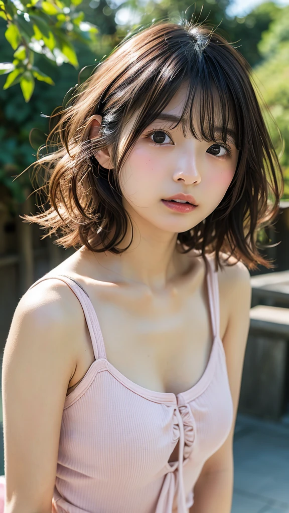((perfect anatomy:1.5,realistic:1.3,RAW photo:1.3,masterpiece、highest quality、Ultra - High resolution、High resolution、Detailed CG、8K)),cowboy shot,1 female,alone,dancer,18-year-old、high school girl beautiful girl,Japanese,((beautiful detailed face and eyes:1.2,big and gorgeous eyes:1.2,gray eyes)),dark brown hair,short bob hair,bangs,medium breasts,slender body,small head:1.3,skinny,(oily skin,glowing skin,shiny skin、Sweat),、plaid pleated mini skirt,on the road,Harajuku、Tokyo、